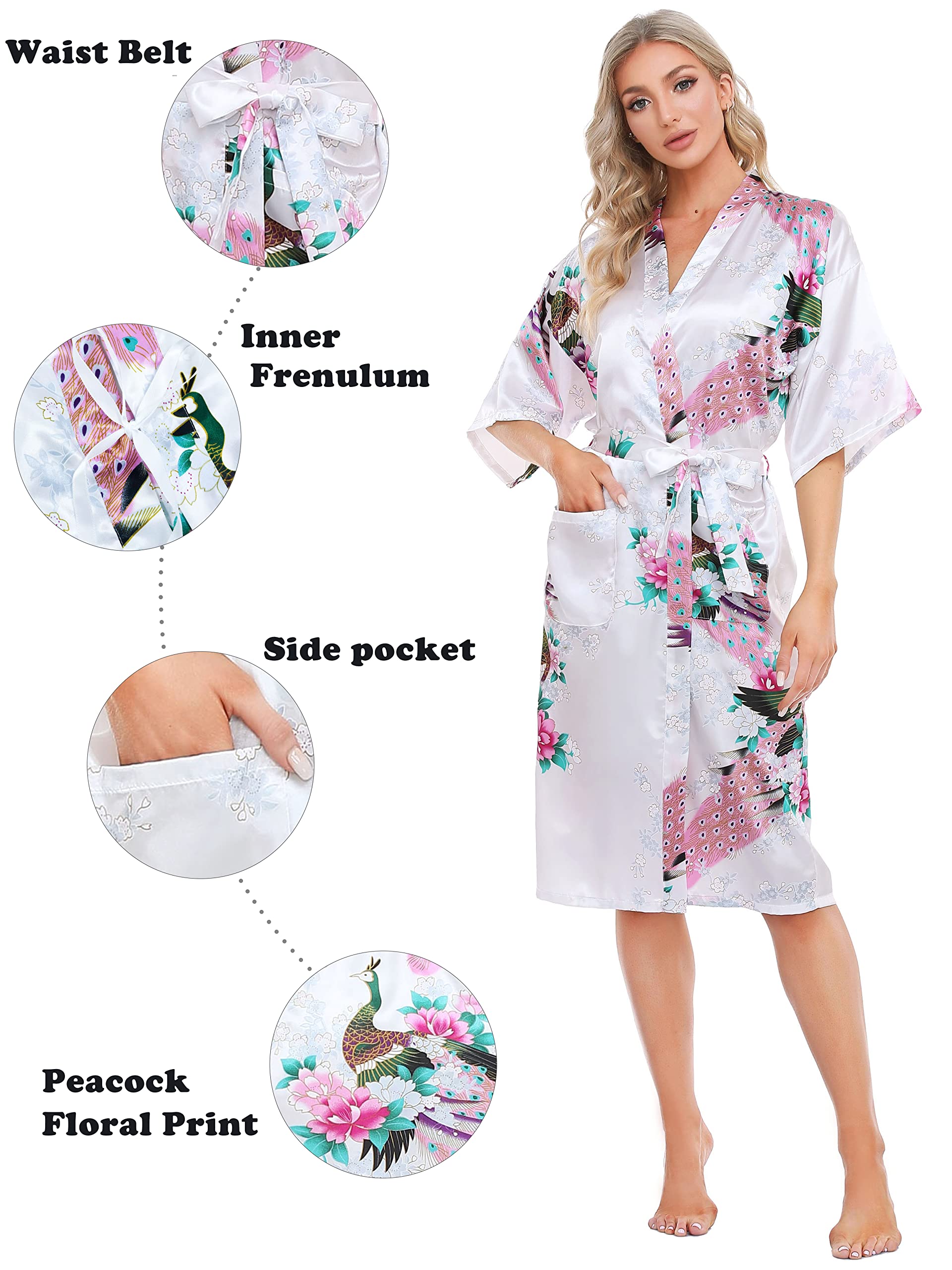 Lovasy Kimono Dressing Gowns Satin Kimono Robe Peacock and Blossoms Silk Dressing Gown for Women UK Long Silk Bride and Bridesmaid Robes,White,S