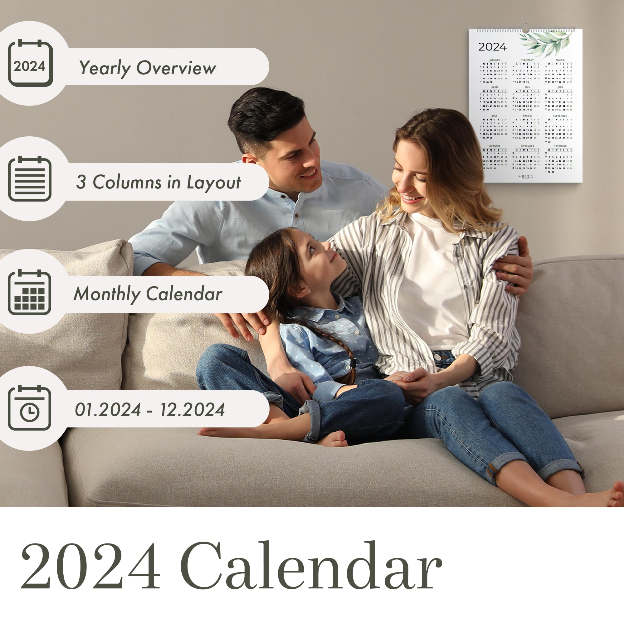 Calendar 2024 Greenery Wall Calendar - Monthly 2024 Calander in A4 Portrait Format - Family Planner 2024 - Premium Annual Calendar for Easy and Efficient Planning from Milula Studios