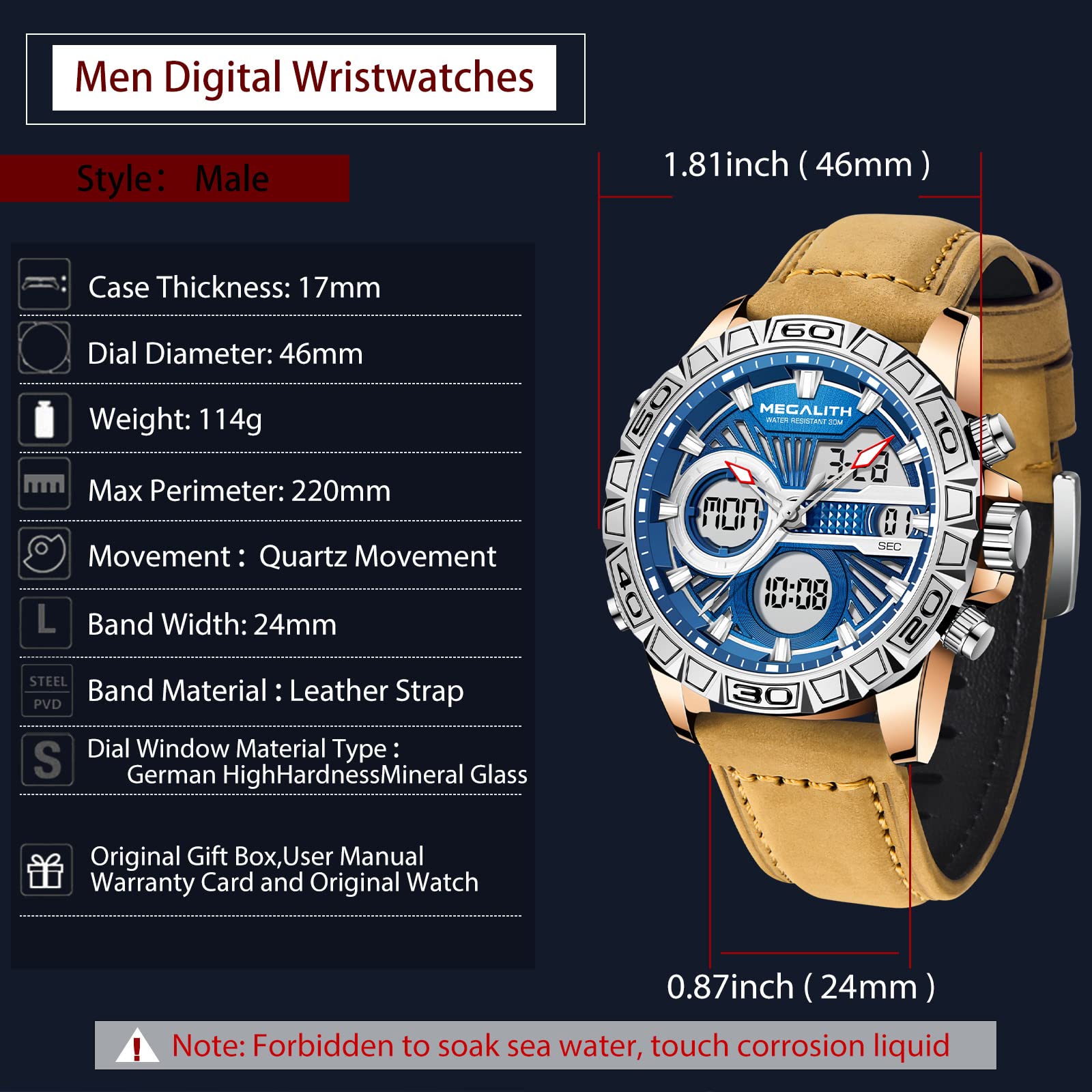 MEGALITH Mens Watches Digital Sports Waterproof Outdoor Analogue Digital Wrist Watches with LED Back Light/Stopwatch/Alarm/Calendar Watches for Men