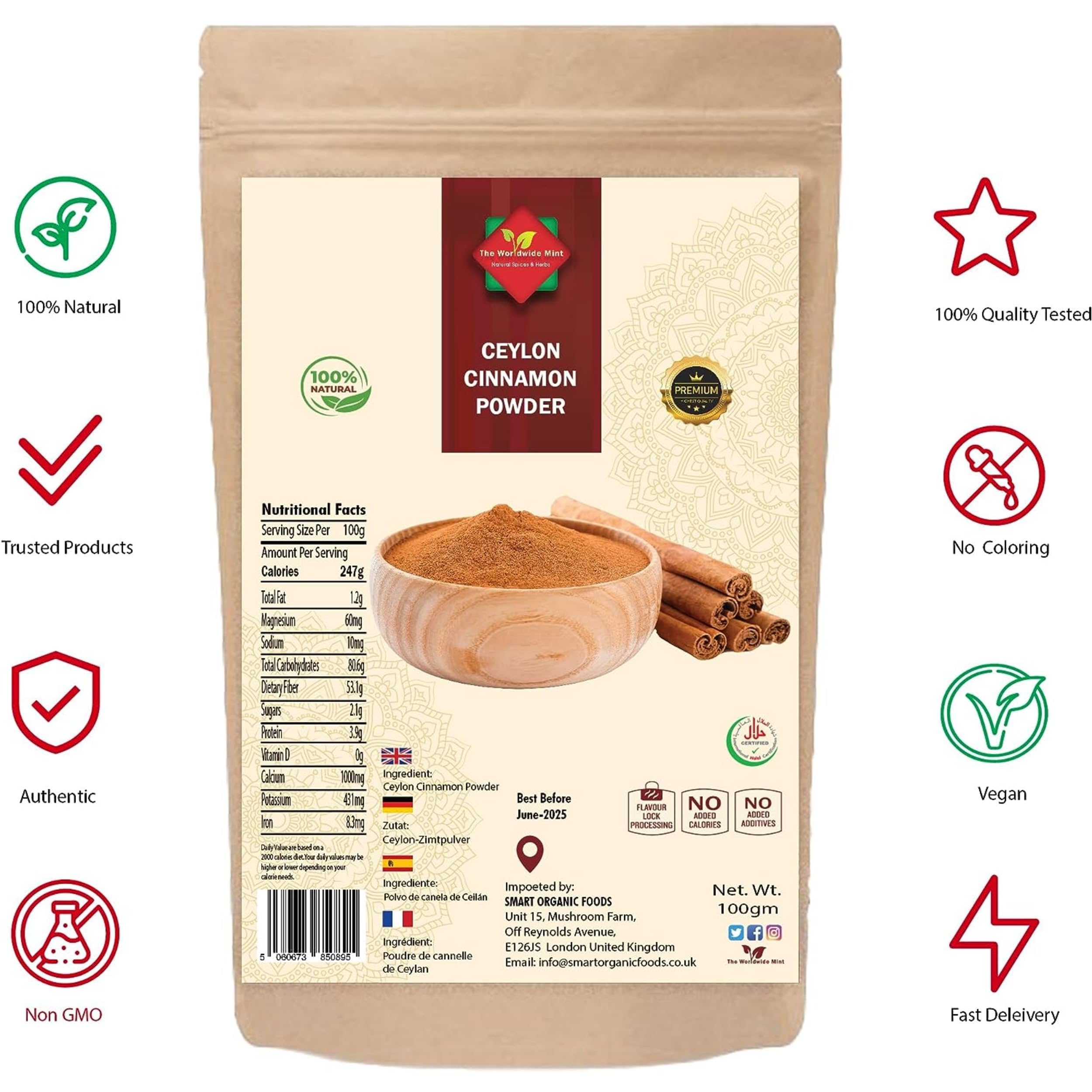 Ceylon Cinnamon Powder   Ethically Sourced 100% Authentic True Ceylon   Cinnamon Ground   Dalchini Powder   Premium Quality   Natural   Non GMO  Vegan   No additives   No Preservatives   100G