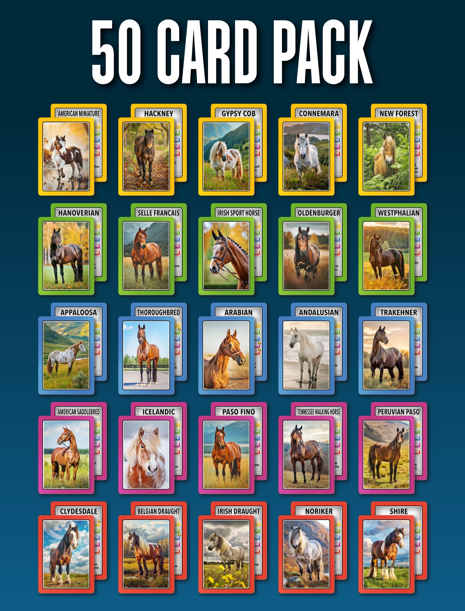 100 PICS Smart Cards Horses & Ponies, 7 games in 1, Pairs, Snap, Trumps, Rummy, Memory Quiz, Learn Facts, Travel Game, Gift, Stocking Filler, Age 5and, 1-8 Players