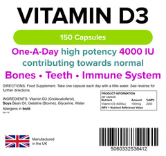 Lindens Vitamin D3 4000IU - 150 High Strength Capsules - Supports Healthy Immune System & Calcium Absorption - One-A-Day Capsule - 5 Month Supply - UK Manufacturer & Letterbox Friendly