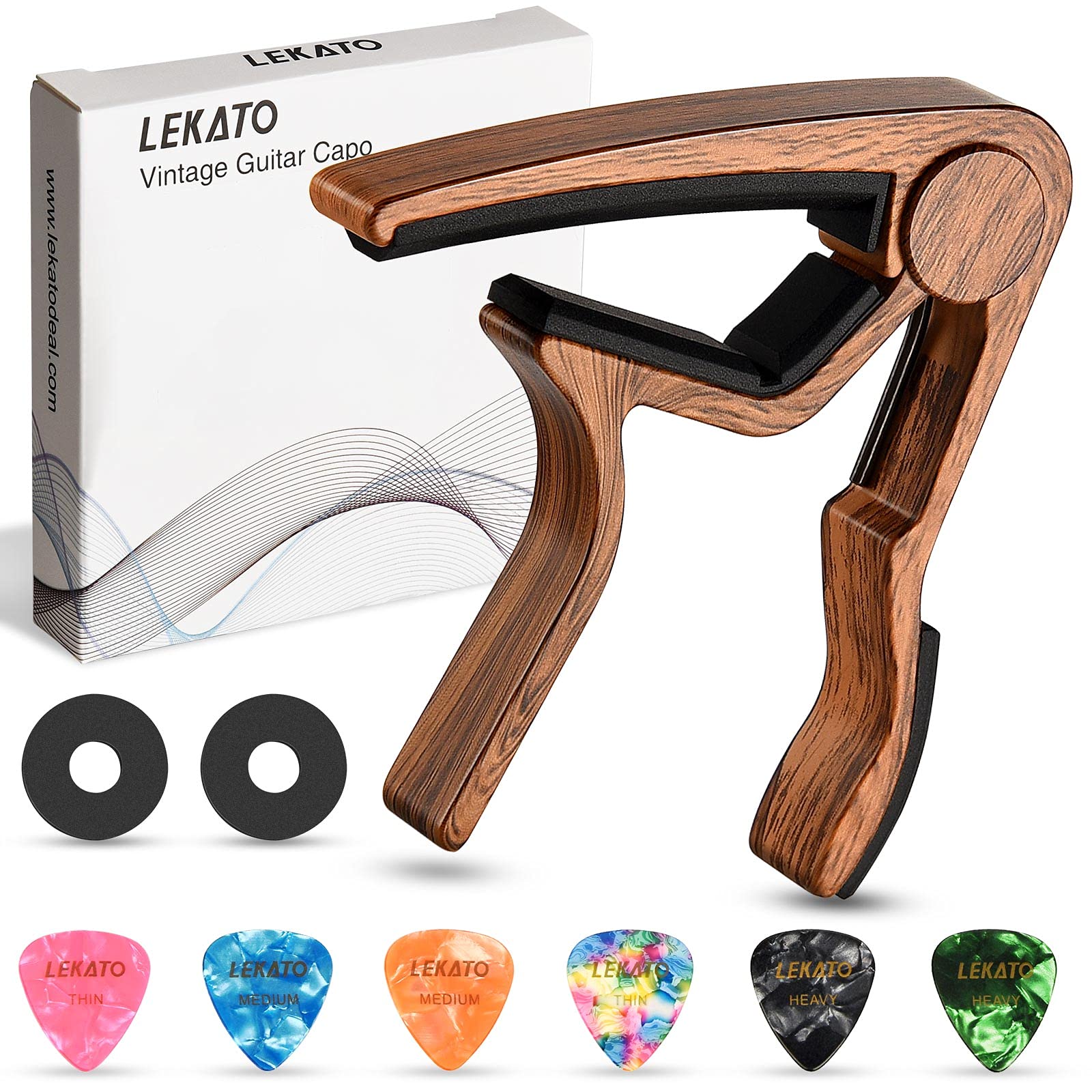 LEKATO Quick -Change Guitar Capo, Electric Guitar Capo With 6 Guitar Picks in 3 Available Sizes Aluminum Alloy Capo For Acoutsic And Electric Guitars