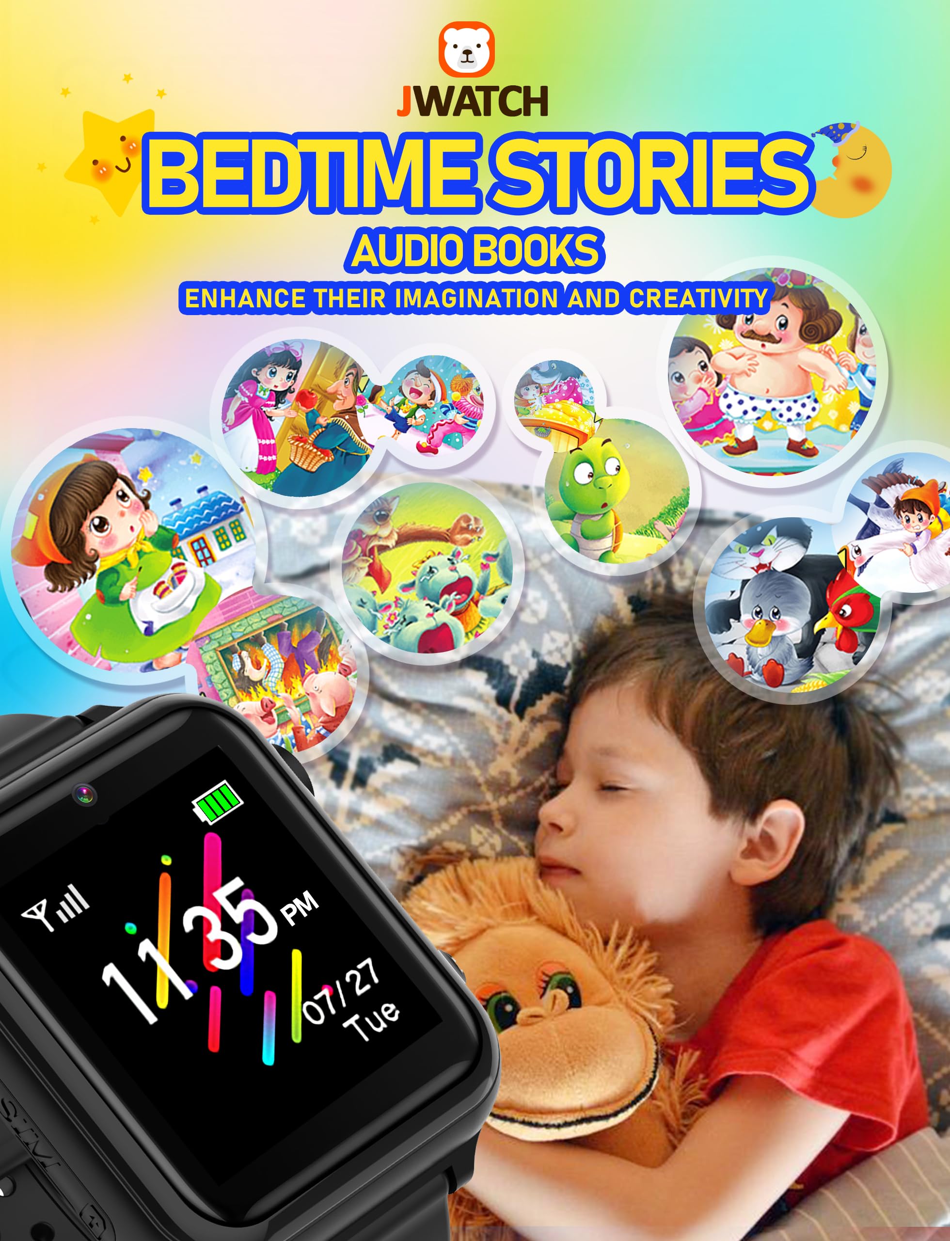 Jwatch Kids Smart Watch Phone Sos with 10 storys 16 Puzzle Games Stopwatch Alarm Clock Kids Watches Toys for 6 7 8 9 10 11 12 Boys Girls Gift for Birthday Christmas (Black)…