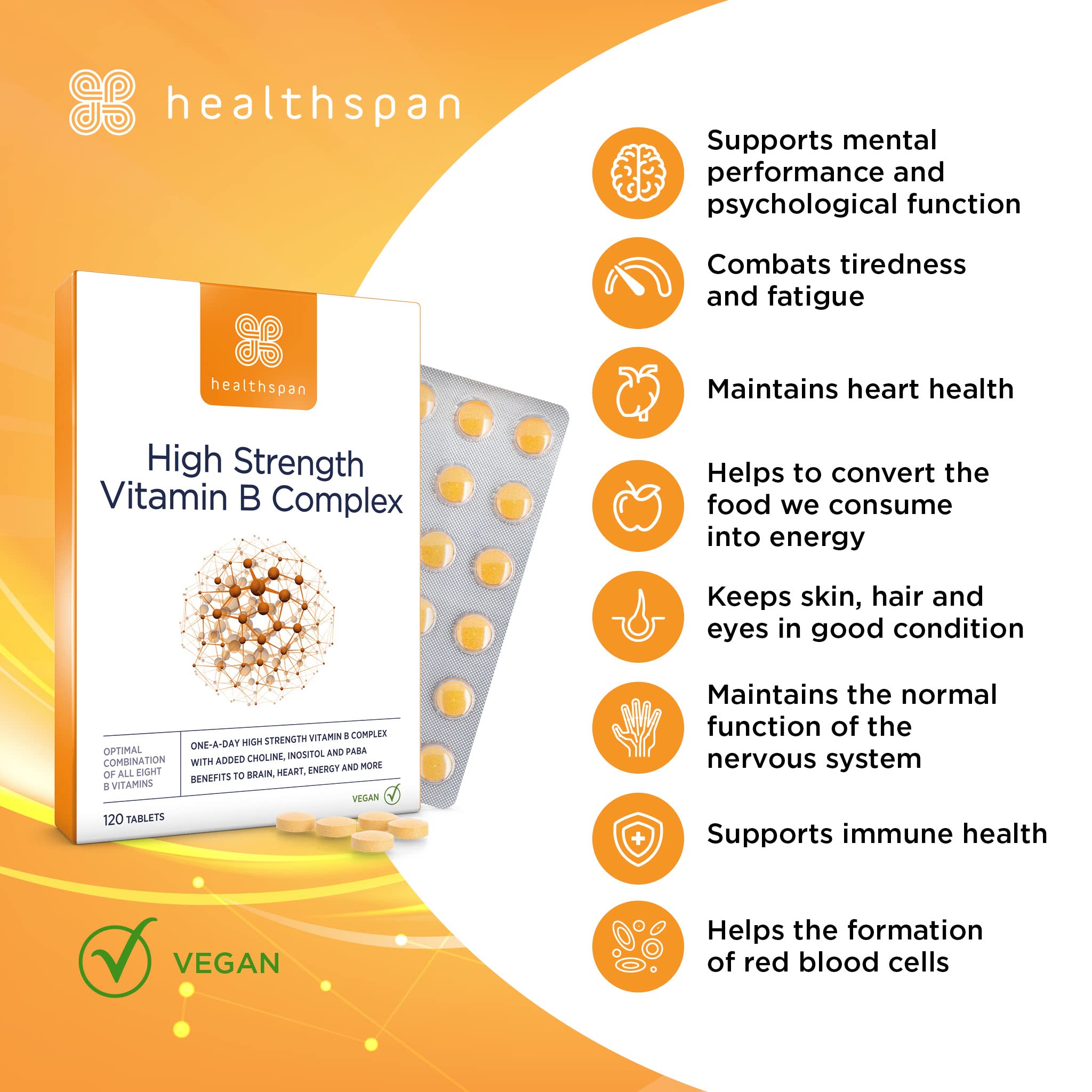 Healthspan High Strength Vitamin B Complex (120 Tablets)   High Levels of All 8 B-Complex Vitamins   Supports Brain & Heart Health   Immune Health   Reduces Tiredness & Fatigue   with Choline   Vegan