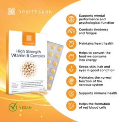 Healthspan High Strength Vitamin B Complex (120 Tablets)   High Levels of All 8 B-Complex Vitamins   Supports Brain & Heart Health   Immune Health   Reduces Tiredness & Fatigue   with Choline   Vegan