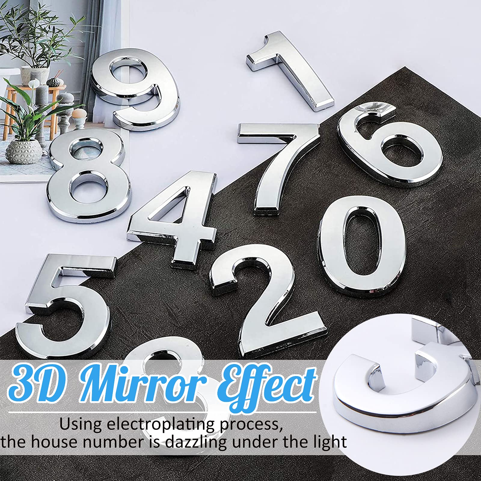 3 Inch Front Door Numbers, 3D Self Adhesive House Numbers Plaques Waterproof Mailbox Signage DIY Chrome Polished Address Numbers Sign for Home Office Hotel Apartment Door Room Wall, Silver (8)