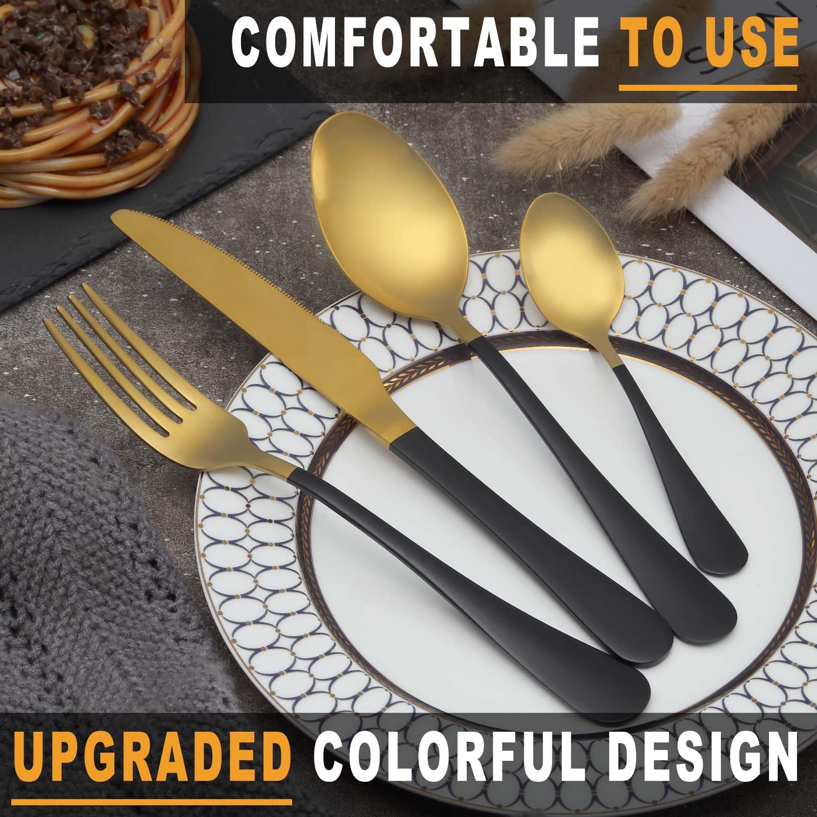 BEWOS 16 Pieces Gold and Black Cutlery Set for 4, Food Grade Stainless Steel Tableware Includes Forks, Steak Knives and Spoons, Dishwasher Safe Silverware Set, Upgraded Mattgold Colorful Design