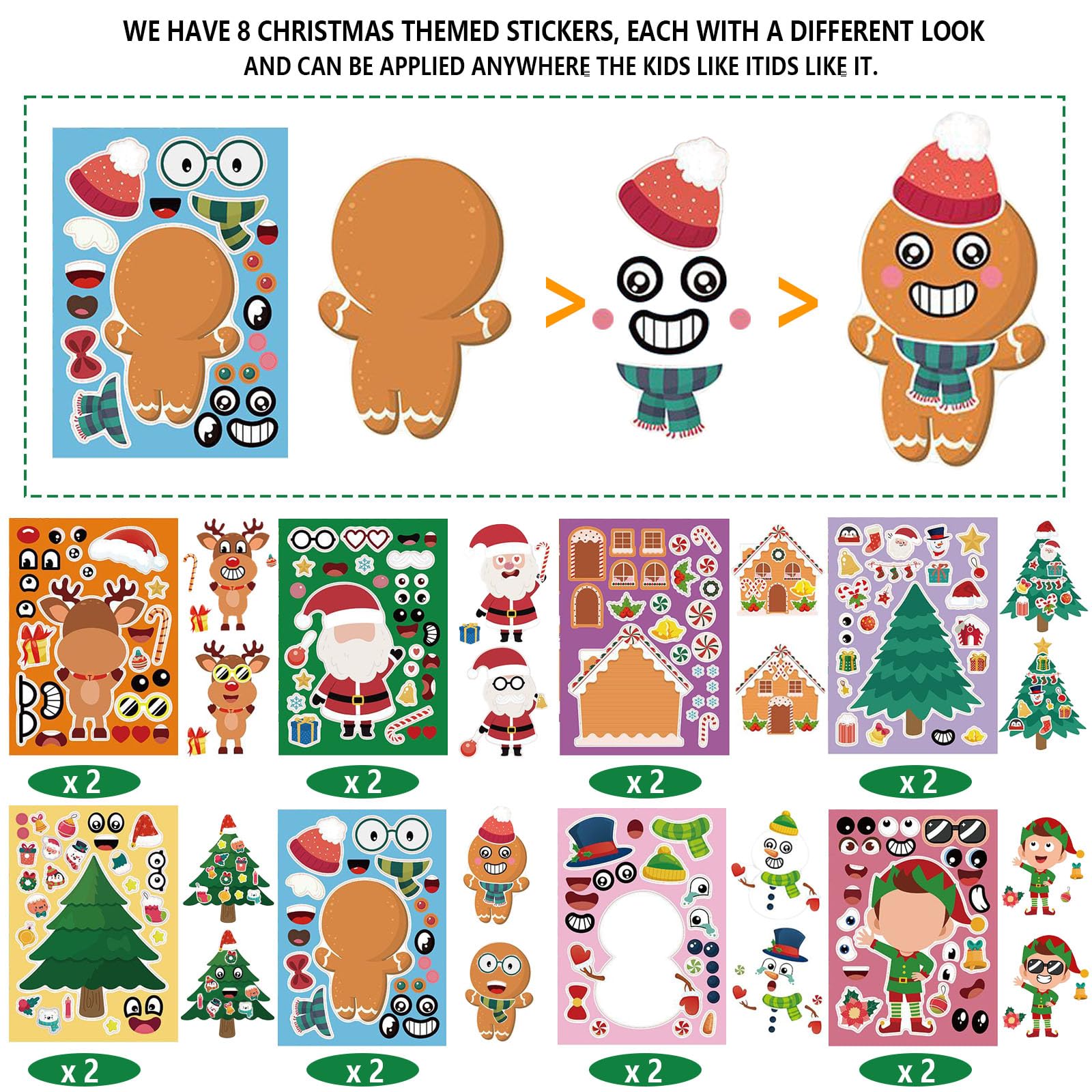 16 Sheets Stickers for Kids DIY Make a Face Stickers,Art Craft Make Your Own Personalized Stickers for Birthday Party Supplies Party Bag Filler Favors Stickers for Boys Girls (DIY Christmas Stickers)