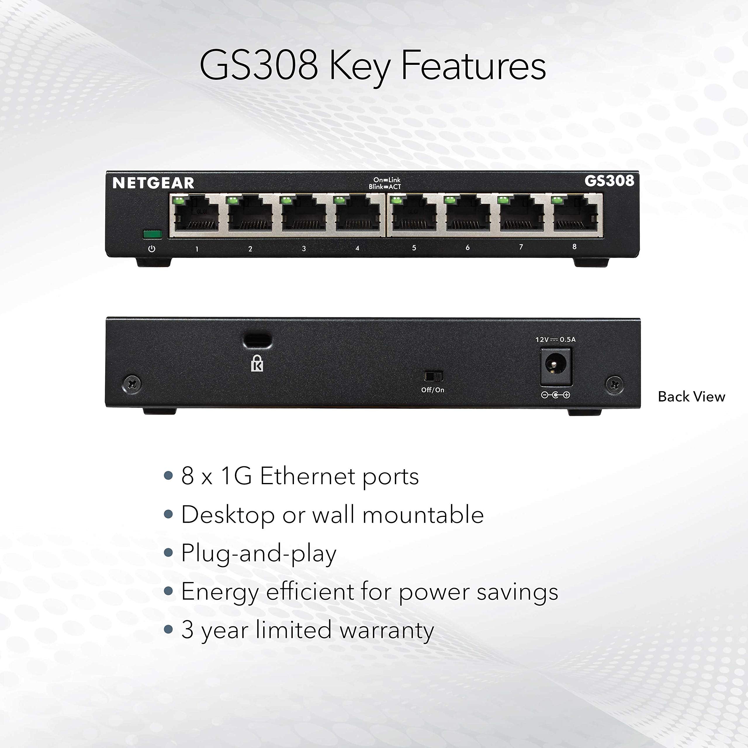 NETGEAR 8 Port Gigabit Network Switch (GS308) - Ethernet Switch - Ethernet Splitter - Plug-and-Play - Silent Operation - Desktop or Wall Mount