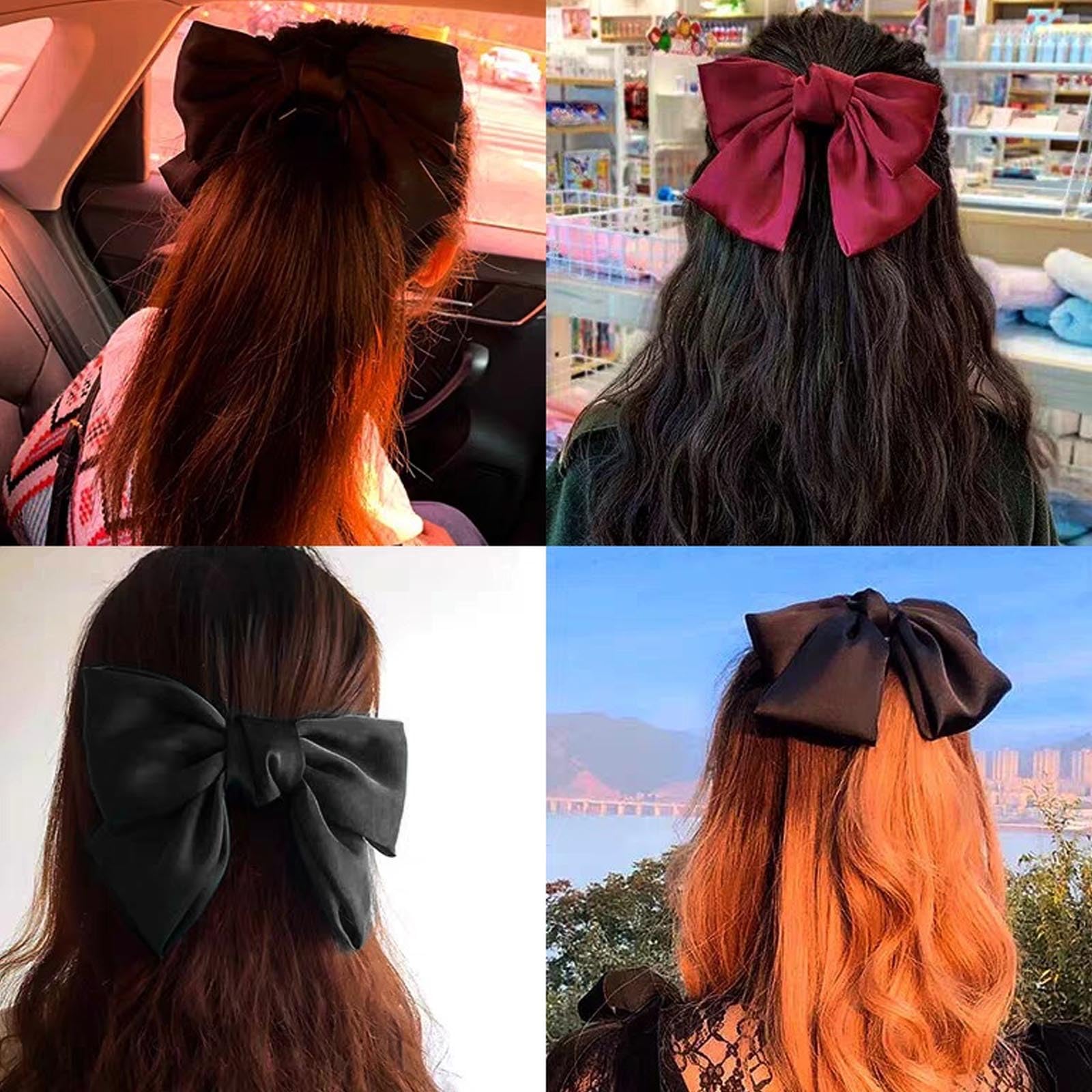 GWAWG 3PCS Bow Hair Clip，Hair Bows Barrettes Solid Color,Soft Satin Silky Hair Bows for Women Girls(Black, White, and Red)