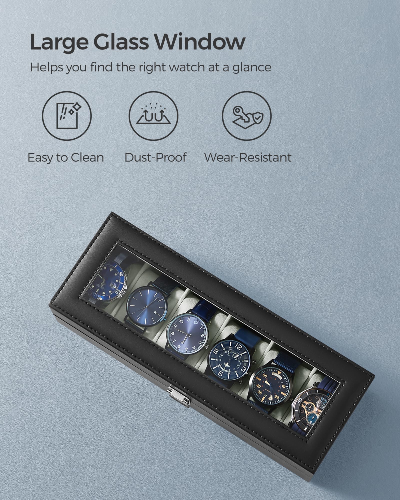 SONGMICS Watch Box with 6 Slots, Watch Case with Glass Lid, Watch Display Box with Removable Watch Pillows, Metal Clasp, Gift Idea, Black Synthetic Leather, Greenish Grey Lining JWB06BK