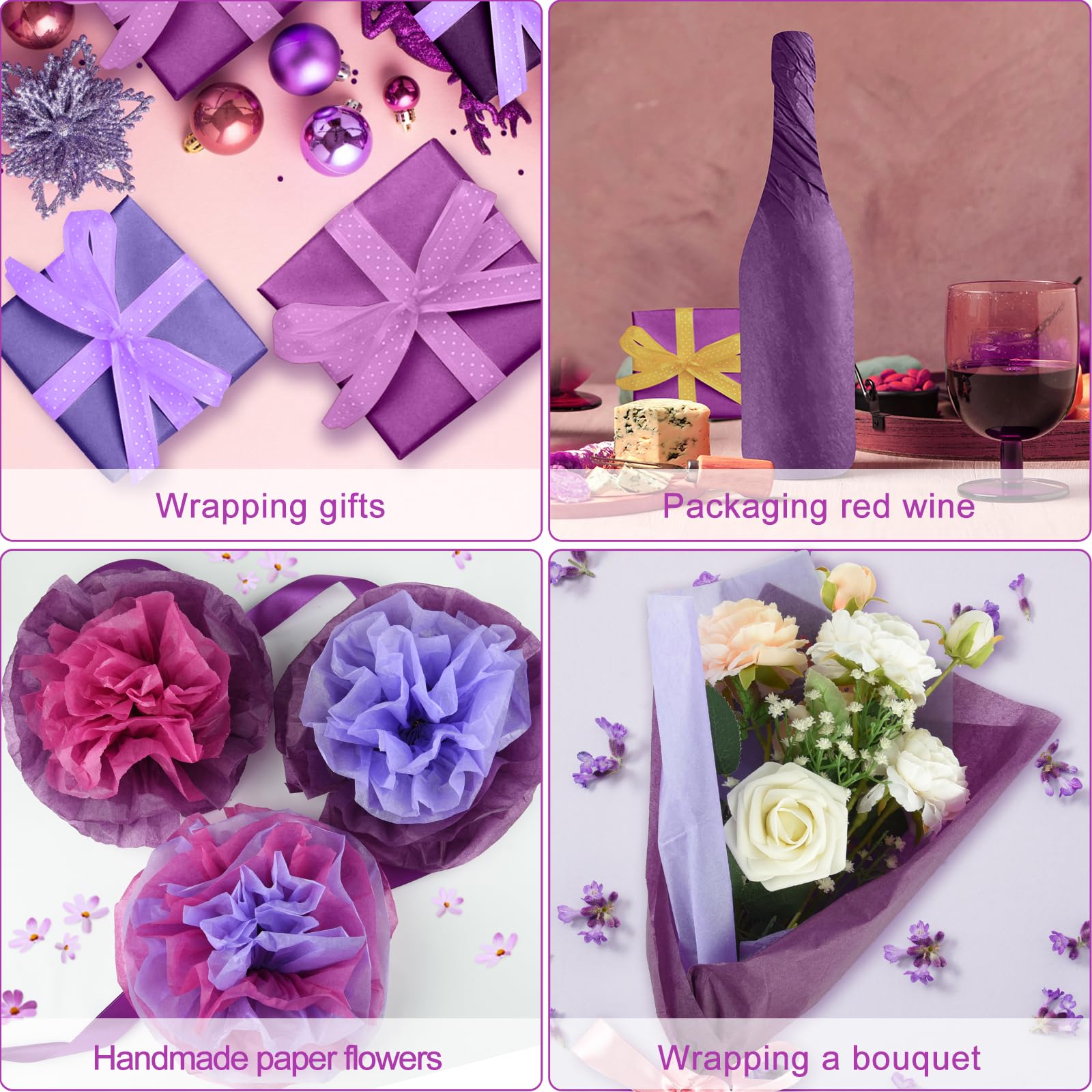 NEBURORA Assorted Purple Tissue Paper Set 60 Sheets Gift Wrap Paper Violet Purple Crafts 3 Colors for Halloween DIY Arts and Crafts Wedding Birthday Holiday Gift Packaging and Party Decoration