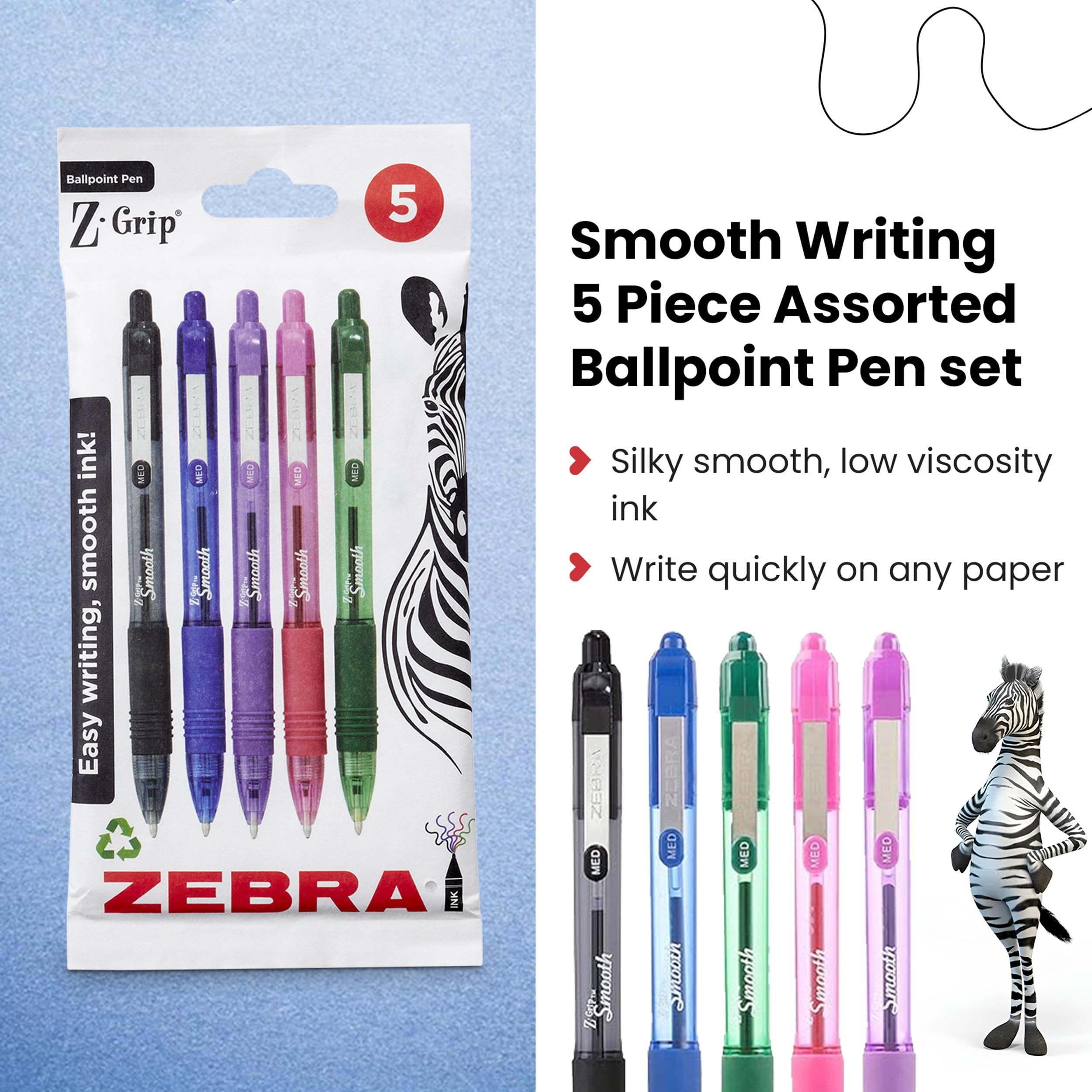 ZEBRA Pen Z Grip Smooth Multi- Coloured & Black Ballpoint Pens, Smooth & Comfortable Retractable Pens With Pocket Clip, Multipack Biro Pens - Medium Point, 5 pack