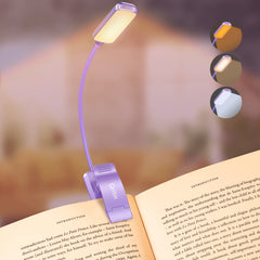 Gritin 9 LED Clip on Book Light, 3 Eye-Protecting Modes Flexible Reading Light Book Lamp (Warm&Cool White Light) -Stepless Dimming, Rechargeable, Long Battery Life, 4-Level Power Indicator -Purple