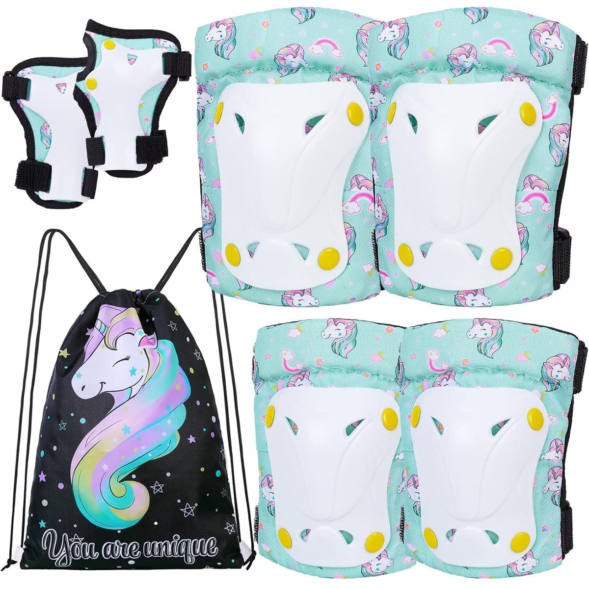 Unicorn Knee and Elbow Pads for Kids Girls 6 in 1 Adjustable Protective Gear Set with Drawstring Bag, 3-8yrs