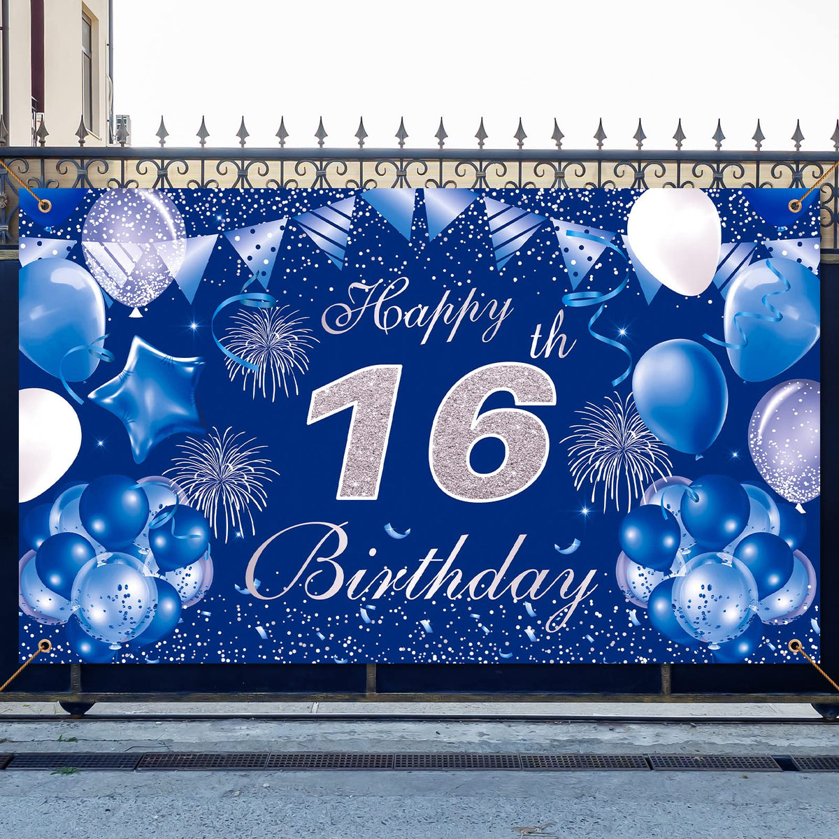 Pinenuts Happy 16th Birthday Backdrop Banner Blue 16th Birthday Decorations for Boys Girls, Large Fabric Birthday Photo Background Birthday Sign Poster, 3.6 x 6.1 ft