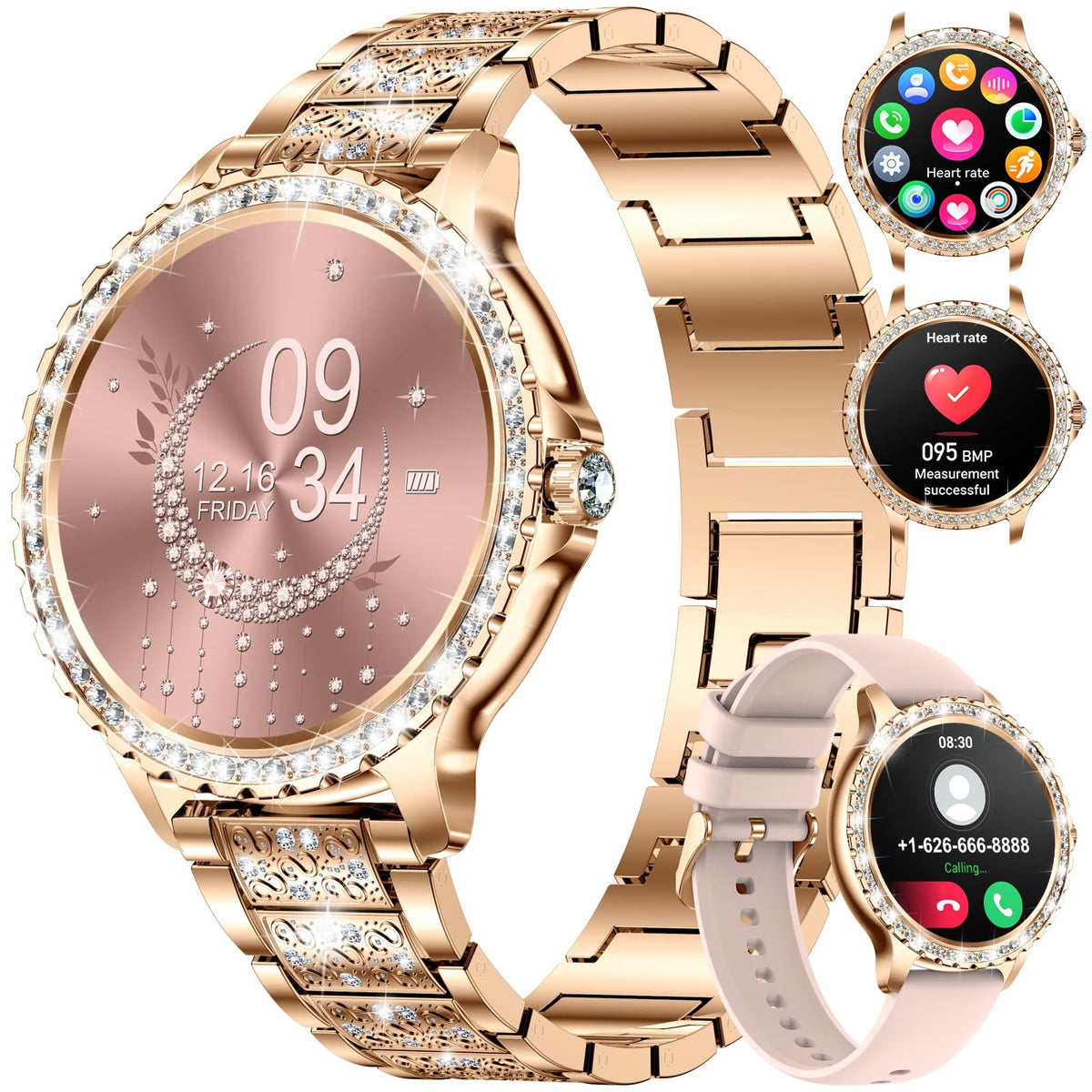 Women's Smart Watch Bluetooth Phone Calls for Android iOS 100and Sport Fitness Tracker 1.32 inches HD Female Smartwatch Heart Rate Sleep Monitor Diamond Ladies Smartwatch Rose Gold Steel,2 Watch Straps