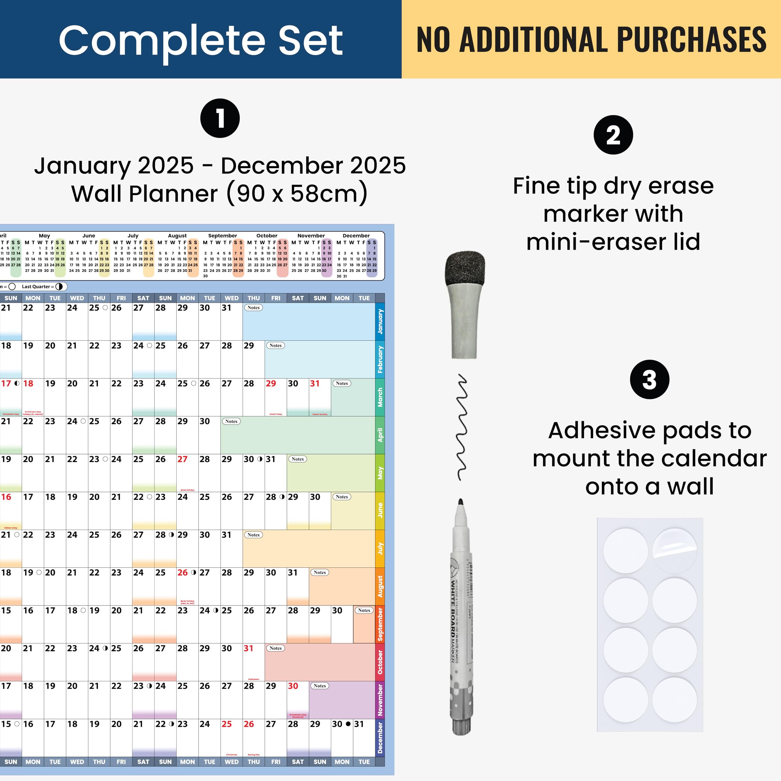 2025 Wall Planner Set Large A1 (90 x 58cm) Laminated Folded Thick Wall Calendar Includes Marker & Glue Dots for Mounting Runs Jan - Dec by Glacient