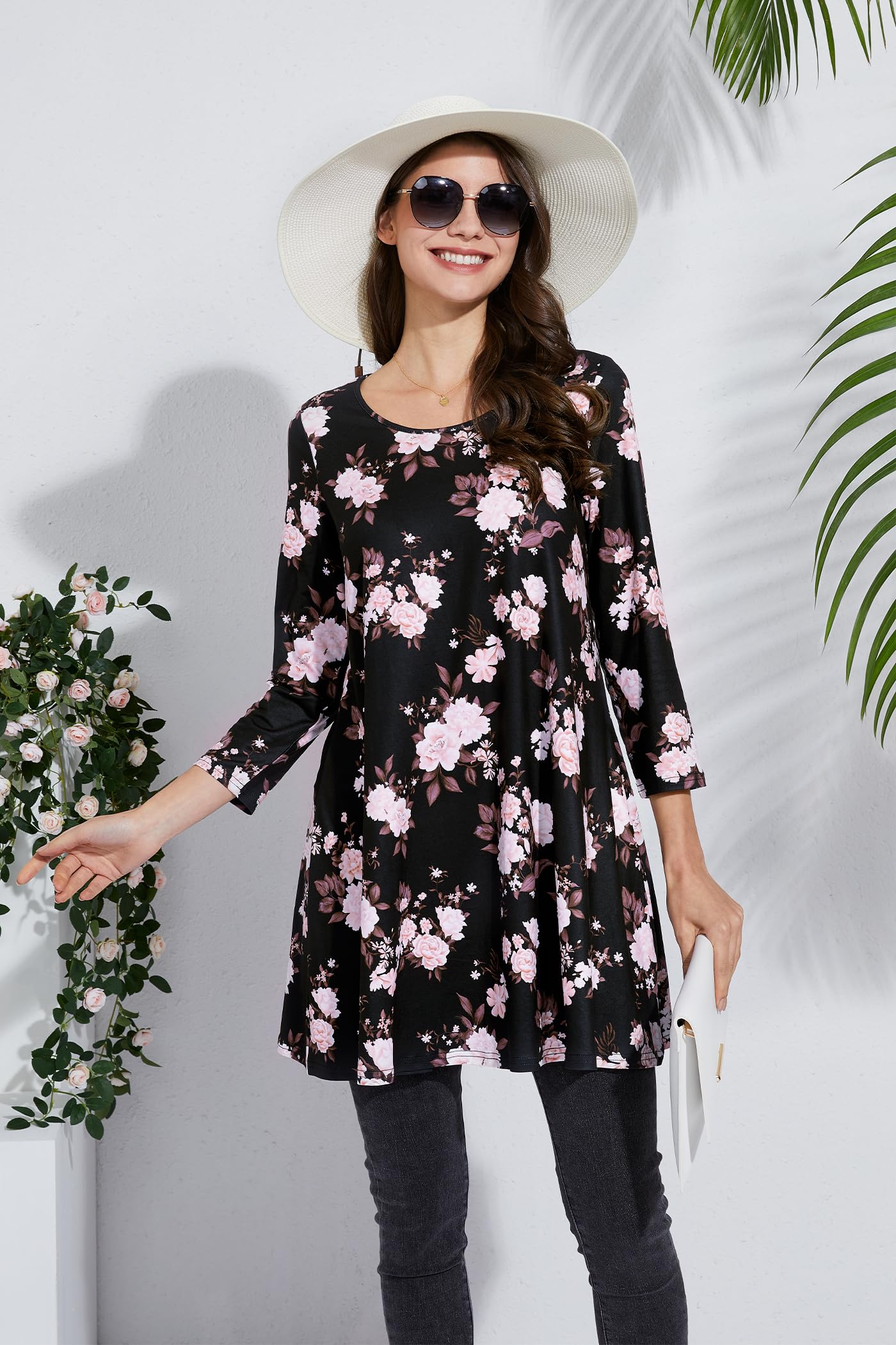 Enmain Tunic Tops for Women 3/4 Sleeve Ladies Tunics Casual Loose Long Tunic Top for Leggings Round Neck Blouses Shirts Black & Pink Flower XL