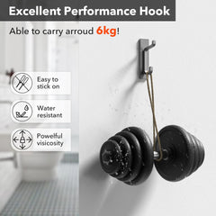 Stick on Hooks for Hanging, Extra Sticky 6KG (Max), Coat Hook on Door for Towel Coat Hat Key, Metal Stainless Heavy Duty, Self Adhesive Hangers Wall Mounted for Bathroom Shower Kitchen, Grey, 6 Pack