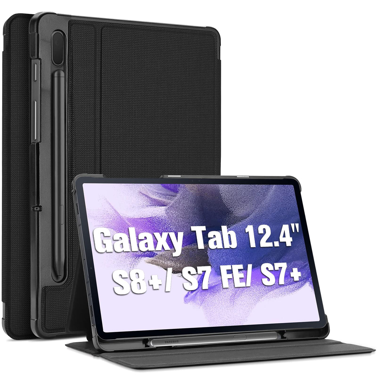 ProCase Case for Samsung Galaxy Tab S7 FE 2021/Tab S8and Plus 2022/Tab S7and Plus 2020 12.4 inches, Shockproof Lightweight Slim Protective Book Case Folio Cover for SM-X800/T730/T970 -Black