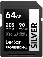 Lexar 64GB SD Card SILVER, Up to 205MB/s Read, 90MB/s Write, SDXC UHS-I Memory Card, Class 10, U3, V30, SD Card for Professional Photographers, Videographers, Enthusiasts