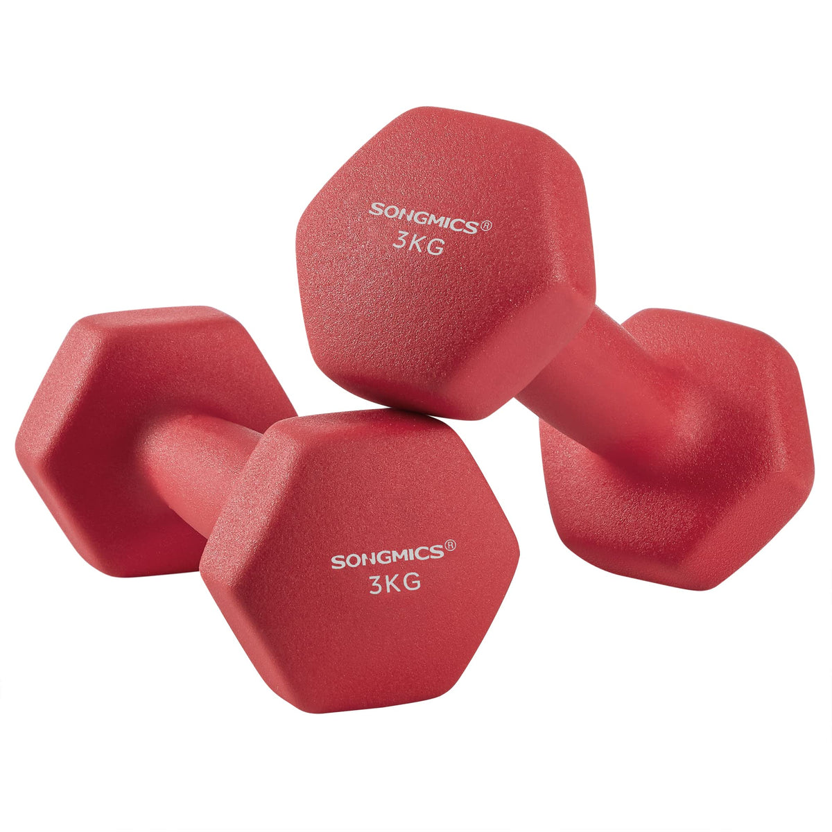 SONGMICS Set of 2 Dumbbells, 2 x 3 kg Hand Weights with Neoprene Coating, Hexagonal Dumbbells Pair, Home Workout, Fitness Training Exercise, Red SYL66RD