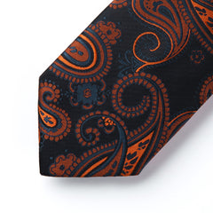 HISDERN Men's Black Orange Paisley Floral Tie Handkerchief Wedding Party Ties for Men Necktie & Pocket Square Set