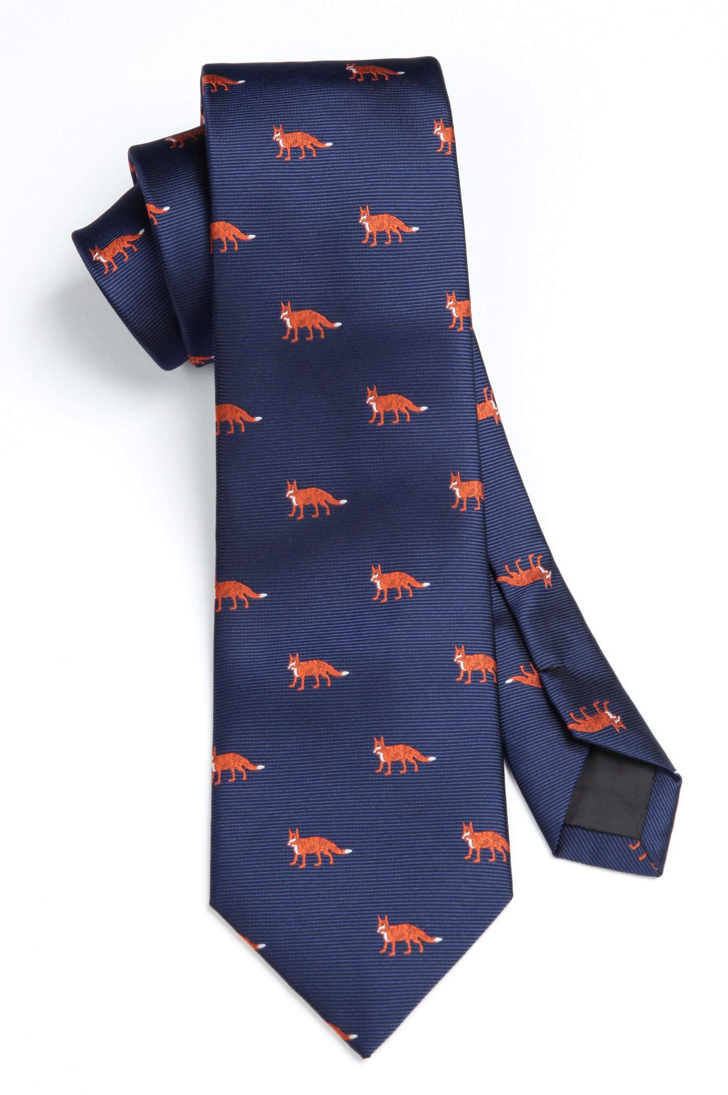 HISDERN Fox Tie for Men Navy Blue Ties Handkerchief Novelty Animal Pattern Wedding Necktie & Pocket Square Set