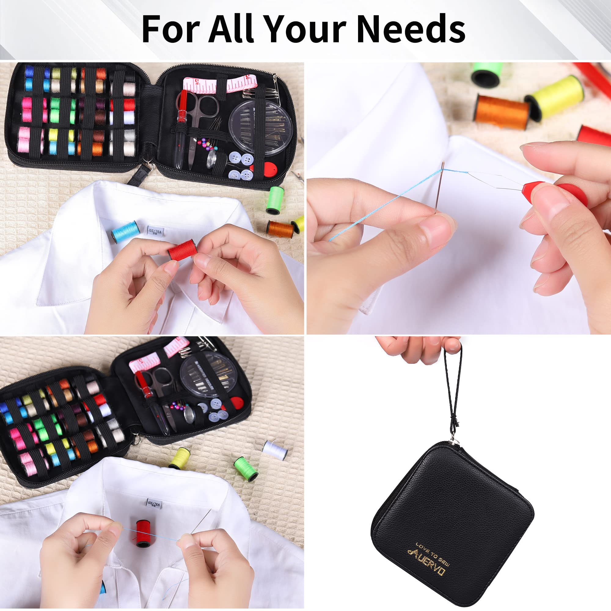 Sewing Kit, AUERVO Mini Basic Sewing Kits with Leather Case Thread and Needles Set for Adults, DIY,Home, Travel & Emergency with Zipper Compact Small Waterproof Durable Black
