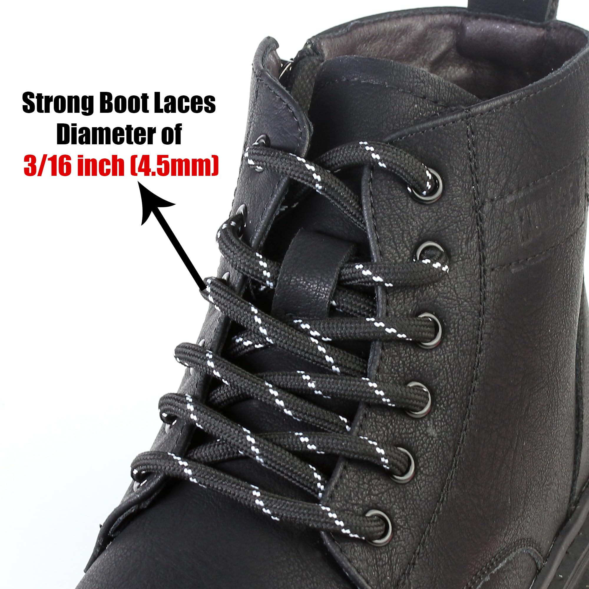 Yusimu Black White Round Strong Boot Shoe Laces,Premium Heavy Duty 4.5mm Thick Bootlaces for Work, Hiking, Safety Boots,Includes Replacement Lace 55 inches (140cm)-2 Pairs