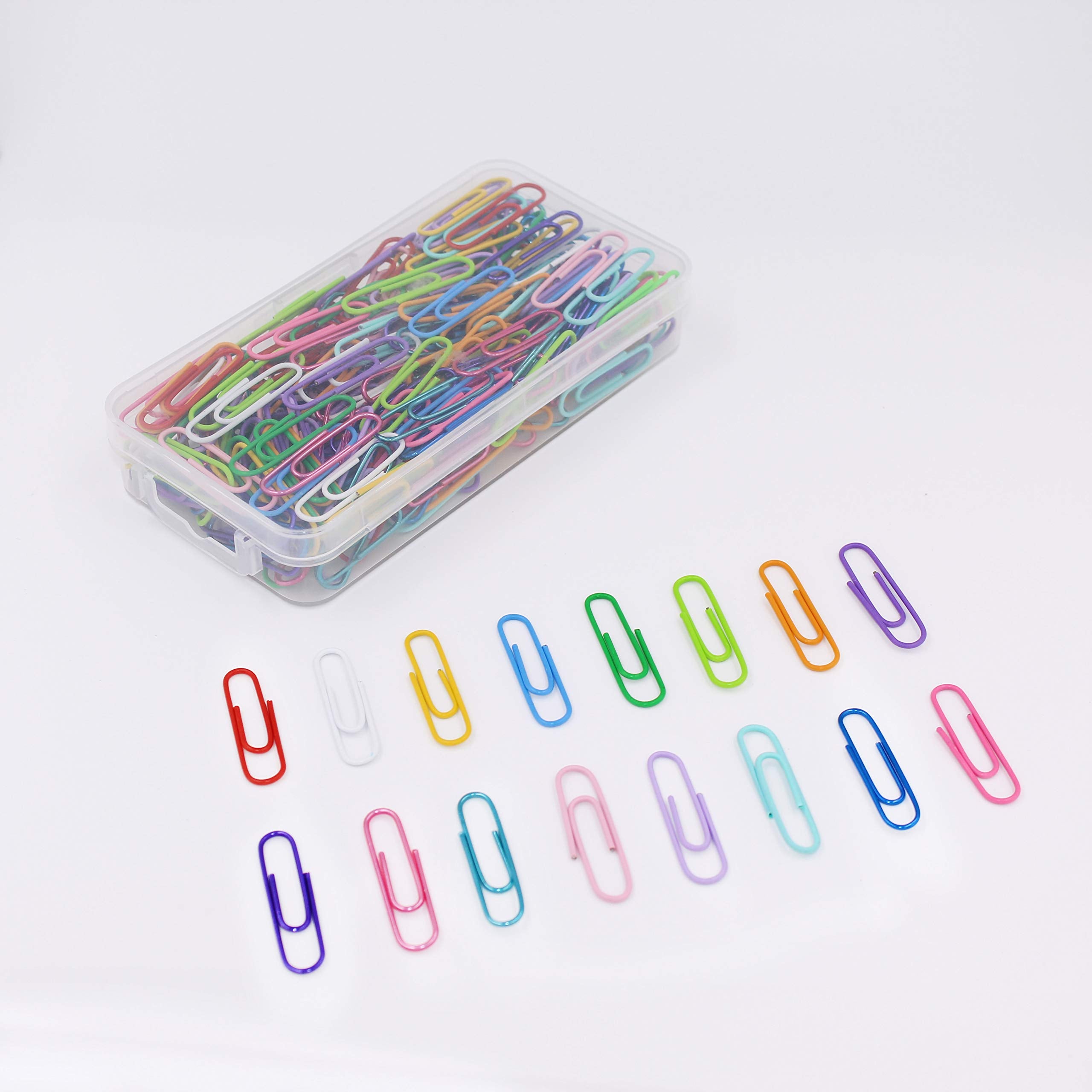 OKVGO 200pcs Coloured Paper Clips with Plastic Box Plastic Coated Metal Paper Clamps for Office Stationery 33mm 16 Colors