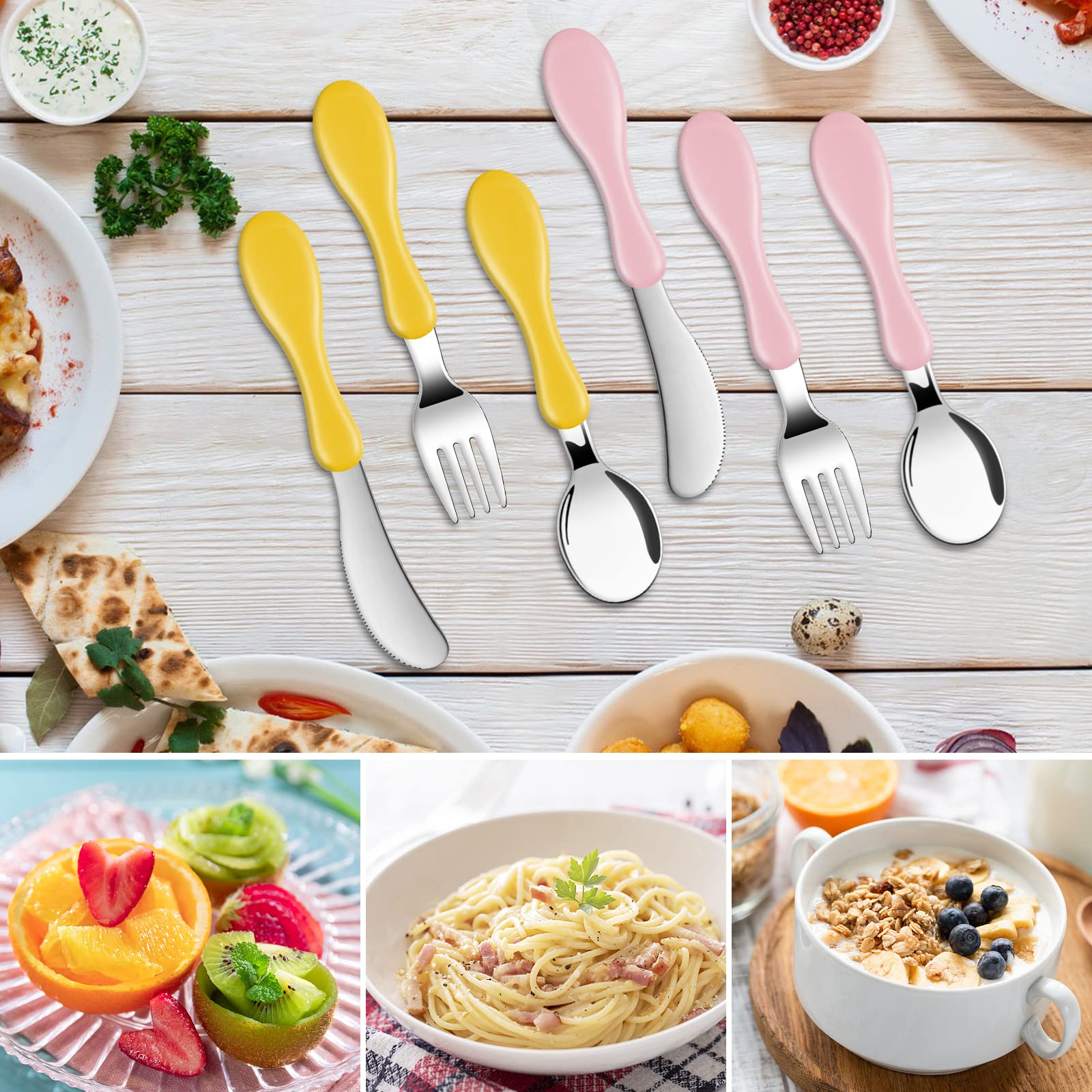 Vicloon Baby Fork and Spoon, 6 PCS Toddler Utensils Spoons Forks Tableware Set, Toddler Utensils Stainless Steel Baby Forks and Spoons, Baby Feeding Cutlery Utensil Weaning Spoon for Kids（Yellow/Pink）