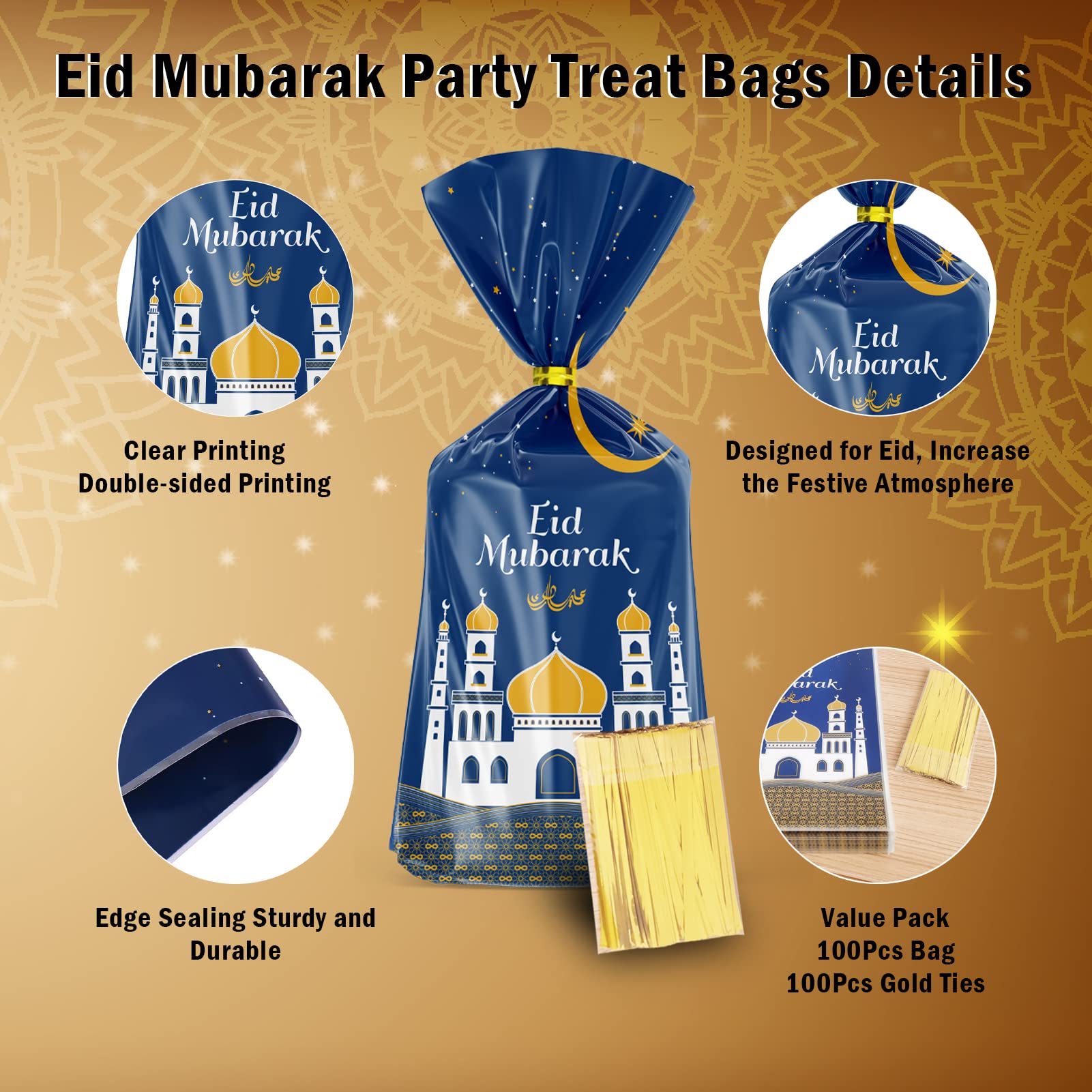 PopManko Eid Mubarak Party Treat Bags, 100Pcs Gift Bags, Ramadan Cellophane Favor Bags, Eid Mubarak Sweets Bags with Gold Ties for Home Eid Decorations, 27.5L* 12.5W