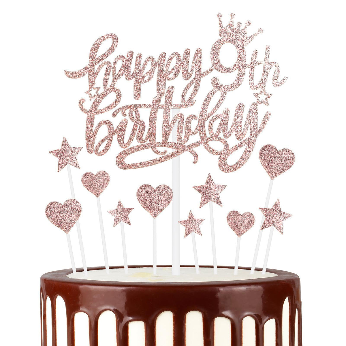 11pcs Happy 9th Birthday Cake Toppers, Rose Gold Cake Cupcake Toppers for Cake, Glitter Heart Stars Cake Toppers, Birthday Gift, Personalised Cake Topper for Girls Babies 9th Birthday Cake Decorations