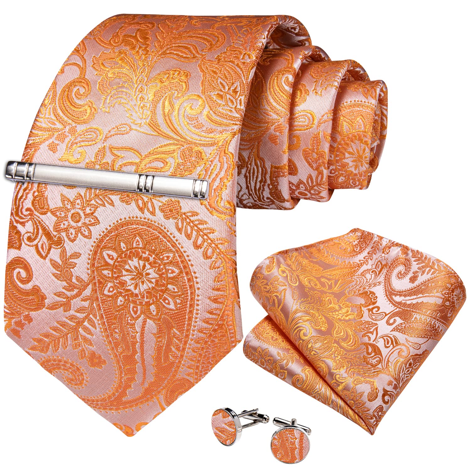 DiBanGu Paisley Tie Set for Men Orange Necktie Silk Woven Ties and Handkerchief Cufflinks Set Formal Wedding