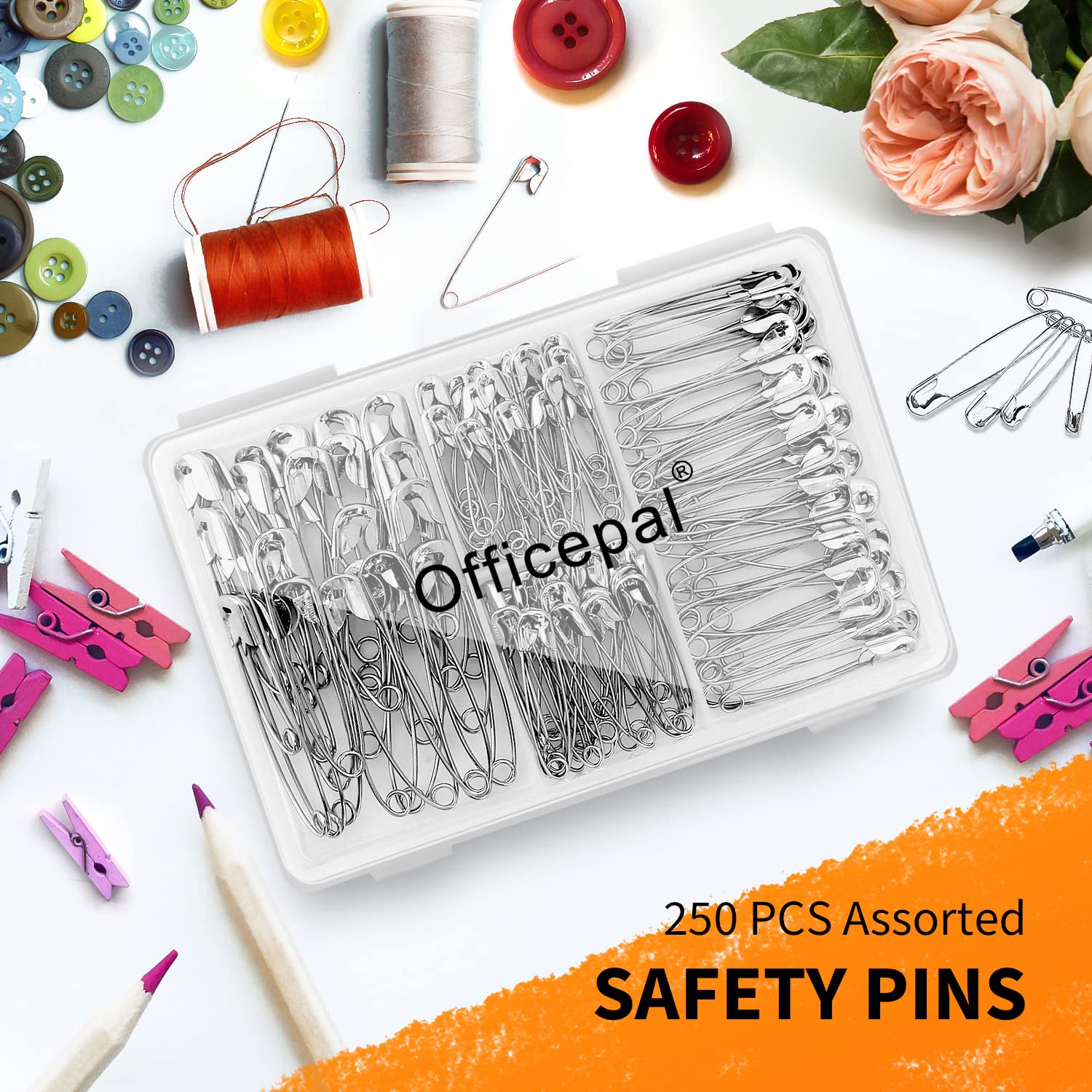 Officepal Premium Quality 4-Size Pack of Safety Pins- Top 250-Count – Durable, Rust-Resistant Nickel Plated Steel Set- Best Sewing Accessories Kit for Baby Clothing, Crafts, Arts (4-Size S)