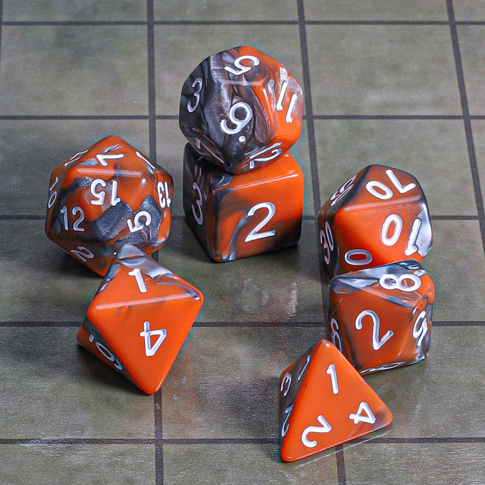 QMAY DND Dice Polyhedral Dice Set - 7 Pieces for Dungeon and Dragons MTG RPG D&D D20, D12, D10, D%, D8, D6, D4 (Orange and Silver)