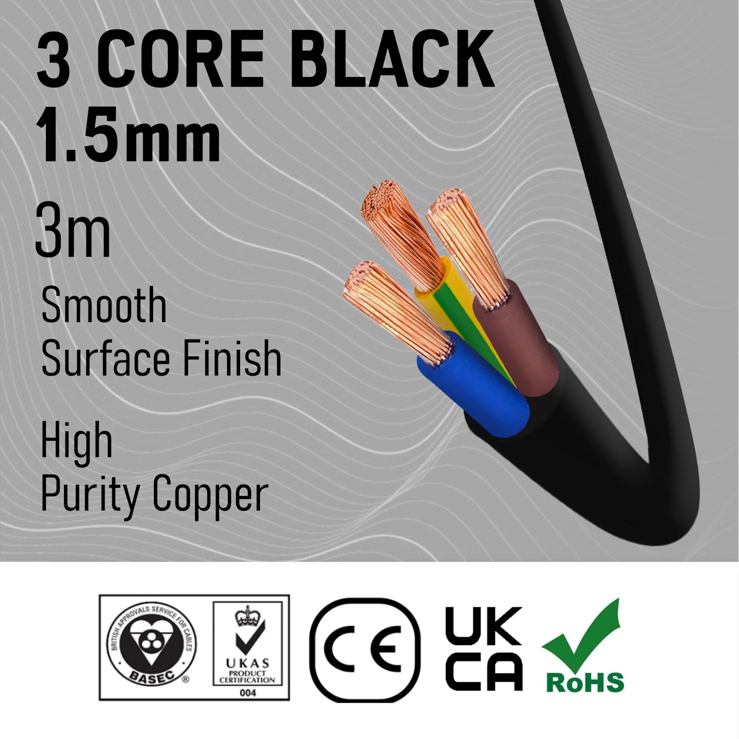 Primes DIY 3 Core Round Black Flex Flexible Cable, stranded electrical copper wire, Insulated Flexible PVC Wire, Stranded Wire High Temperature Resistance, 3182Y BASEC Approved 1.5mm(3 Meter)