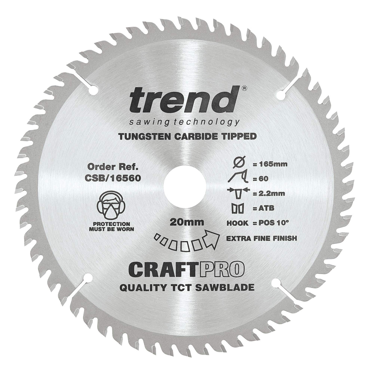 Trend CraftPro TCT Extra Fine Trim Finishing Plunge Saw Blade for Wood, 165mm Diameter, 20mm Bore, 60 Teeth, 2.4mm Kerf, and10° Hook, CSB/16560