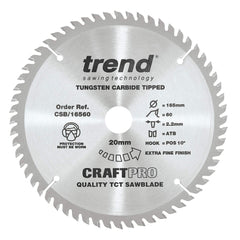 Trend CraftPro TCT Extra Fine Trim Finishing Plunge Saw Blade for Wood, 165mm Diameter, 20mm Bore, 60 Teeth, 2.4mm Kerf, and10° Hook, CSB/16560