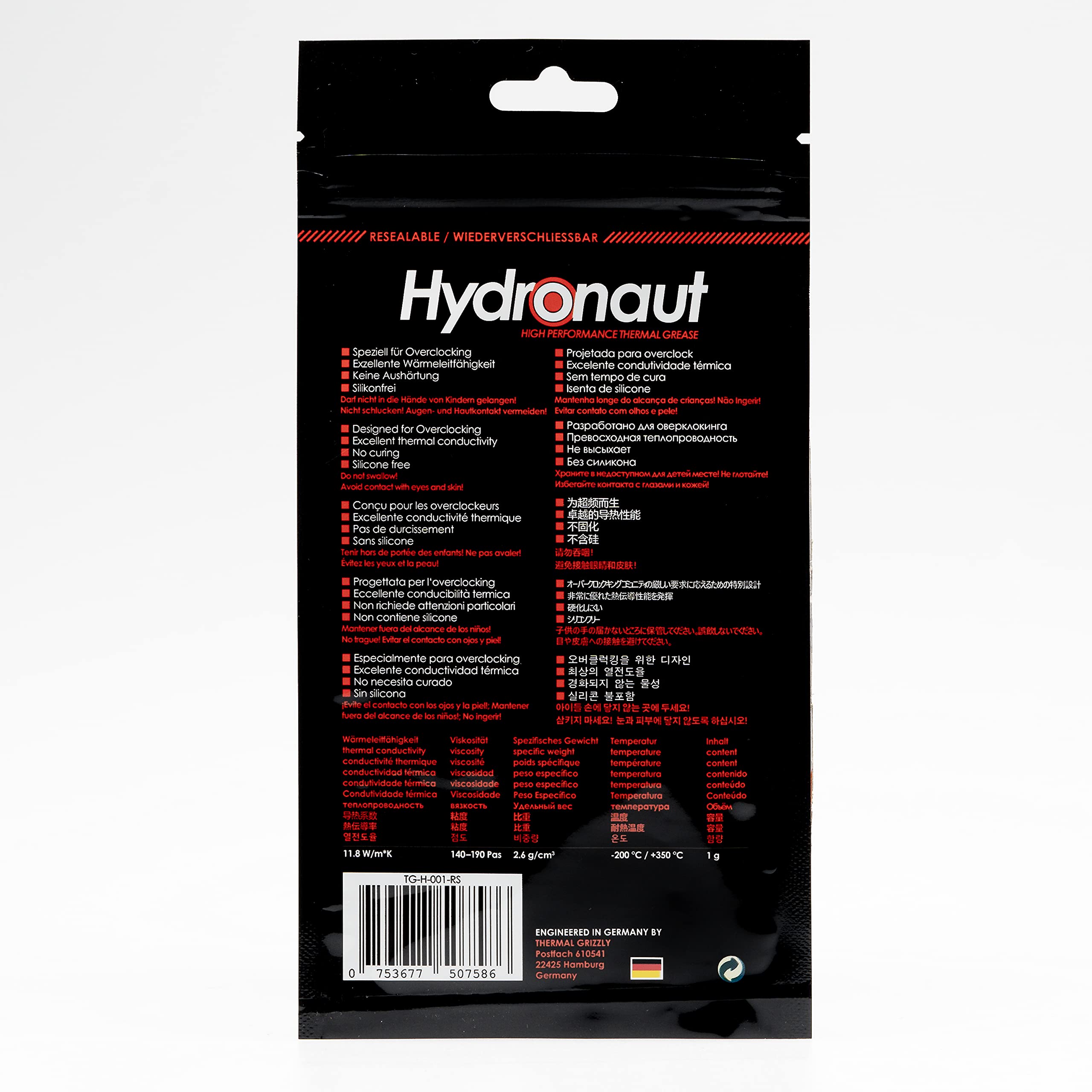 Thermal Grizzly - Hydronaut - Thermal Conductive Paste High Performance Grease Extensive cooling systems and water cooling for all heat sinks CPU and GPU (1 Gramm) (1 Gramm)