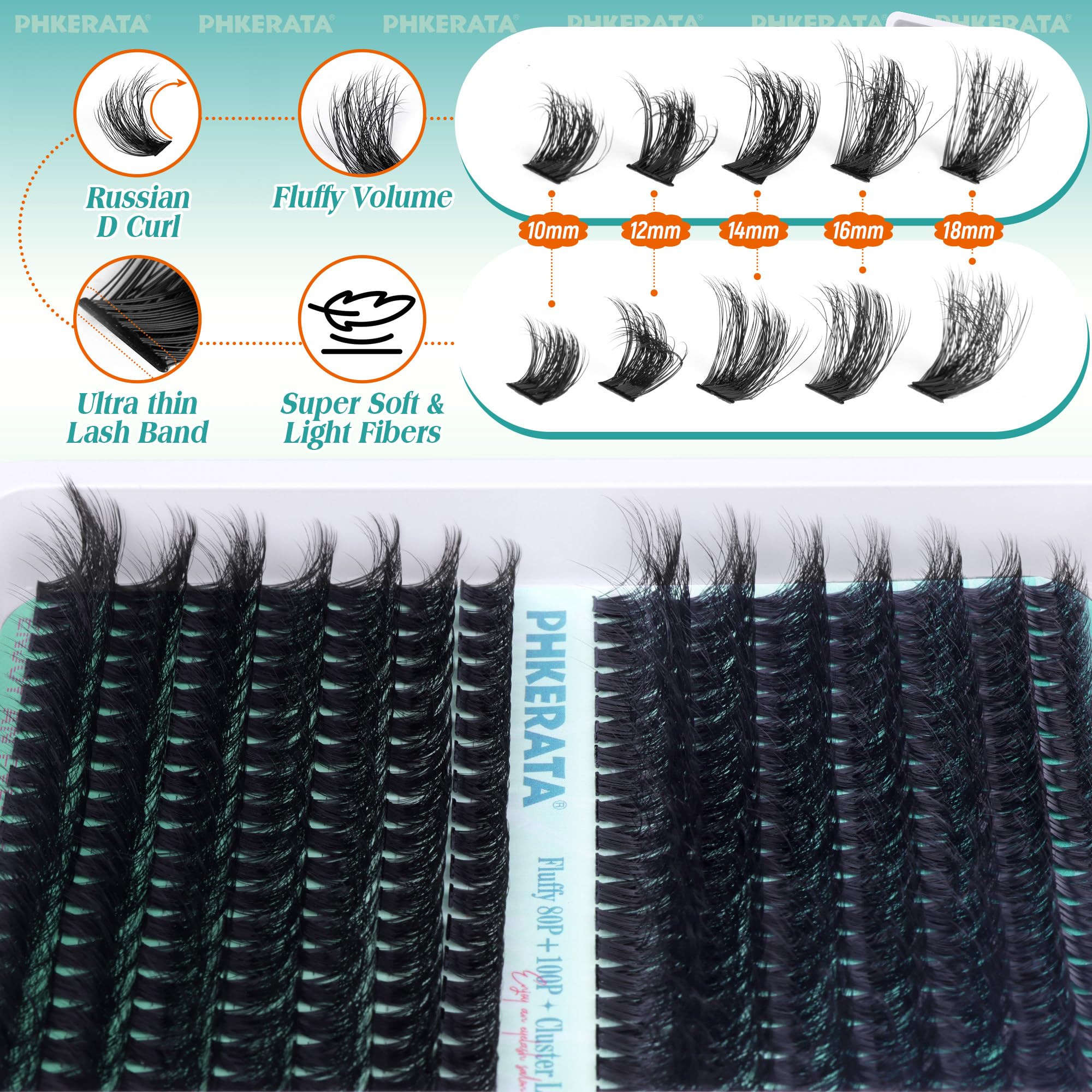 PHKERATA Cluster Lashes Kit Fluffy Individual Eyelashes Kit 280Pcs D Curl Eyelash Extension Kit Russian Lashes Individual Cluster with Lash Bond and Seal Lash Glue,Tweezers(80and100P, 10-18mm Mix)