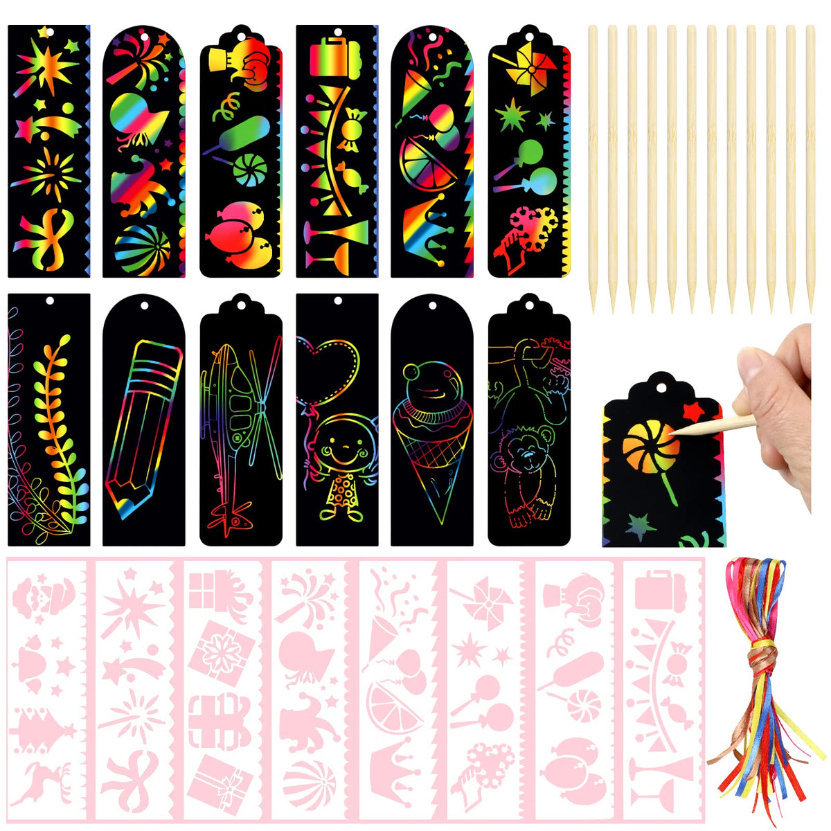 Bookmarks for Children, 68 Pack Scratch Art Bookmarks, Kids Bookmark, Rainbow Scratch Bookmarks, Make Your Own Bookmark for Girls Boys Kids Class