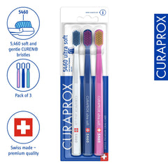 Curaprox Toothbrush Set CS 5460 - Pack of 3 Ultra Soft Manual Toothbrushes for Adults 5460 with Super Soft CUREN Bristles - Random Color