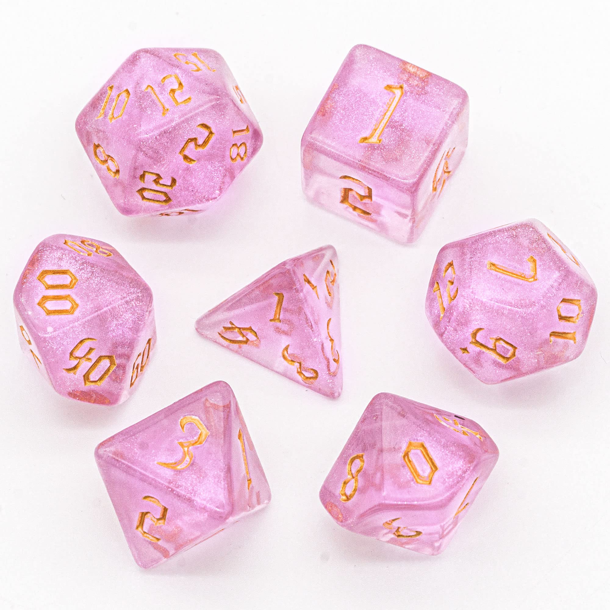 Cusdie 7Pcs/Set DND Dice Set D&D Polyhedral Dice for TTRPG Dungeons and Dragons Pathfinder Role Playing Dice Games RPGs (Pink with Sickle Font)