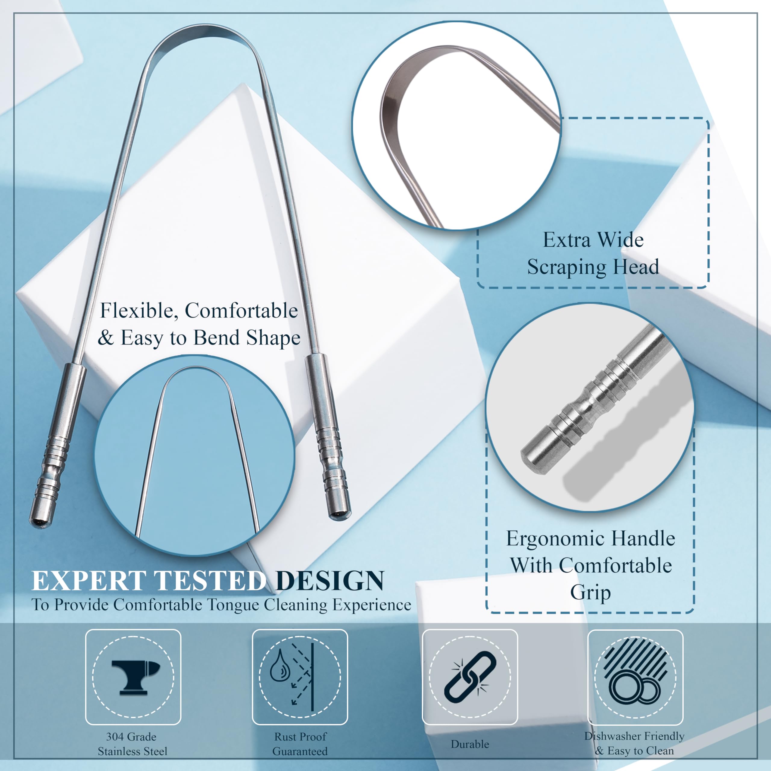 MasterMedi Tongue Scraper with Travel Case (2 Pack), Bad Breath Treatment Tongue Scraper for Adults, Medical Grade 100% Stainless Steel for Oral Care, Easy to Use Tongue Cleaner for Hygiene