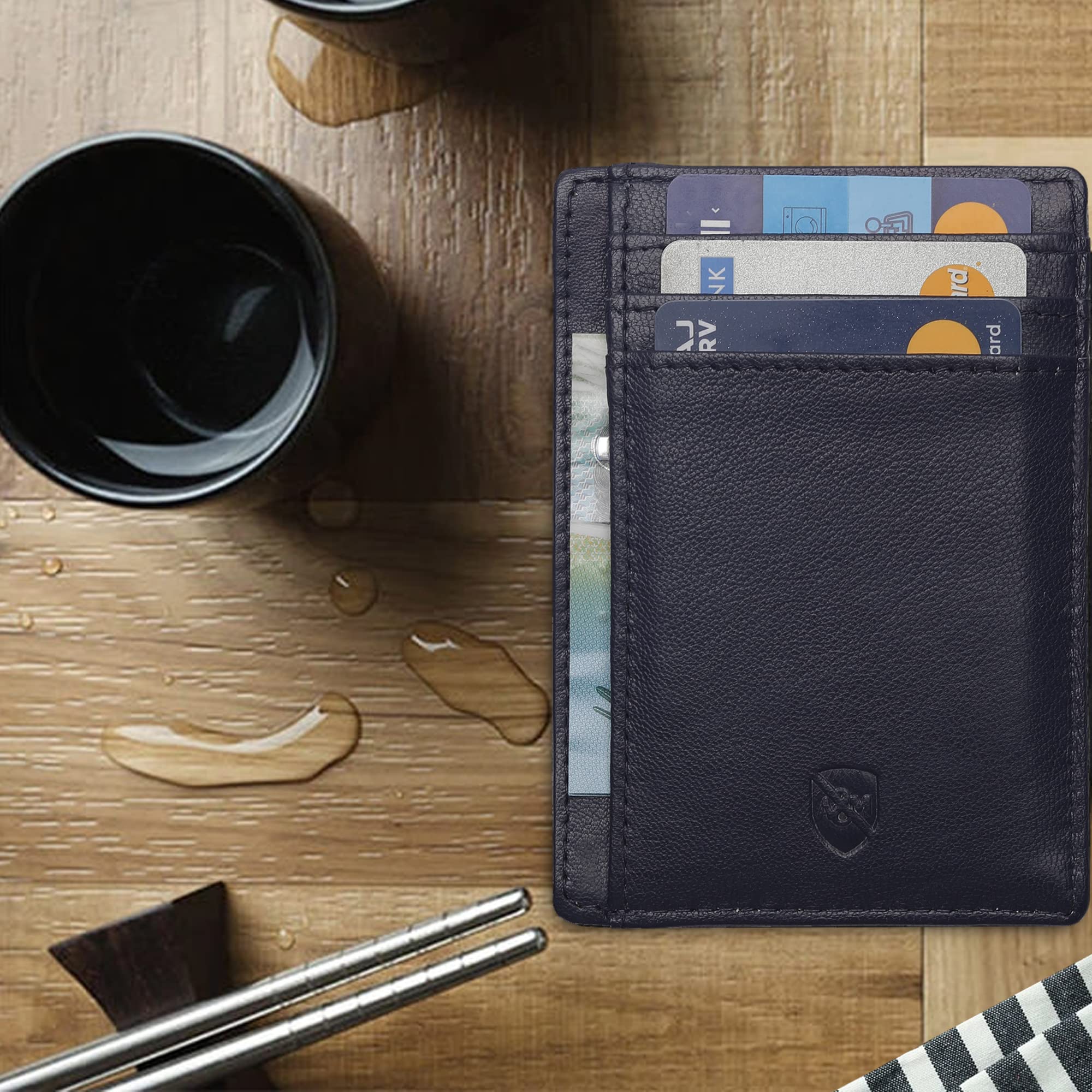 ALLEN & MATE Leather Card Holder Slim Wallet, RFID Blocking Minimalist Wallet Credit Card Holder, Holds Cards and Bank Notes