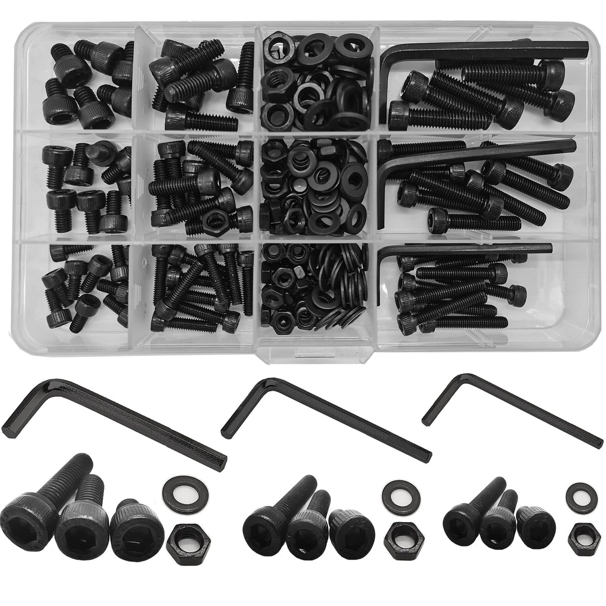 219 Pcs Nuts and Bolts Set, M4 M5 M6 Black Hex Socket Machine Screws, Hex Socket Bolts Nuts and Washers Assortment Set Kit with Wrenches (Black)